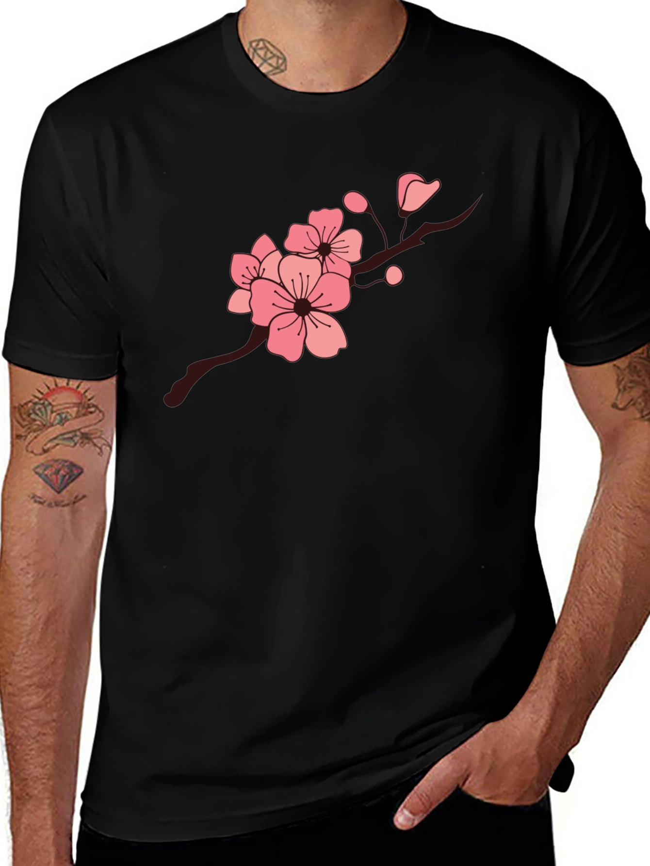 Variant 13 of Blossom Branch Graphic Tee - Black Cotton Shirt