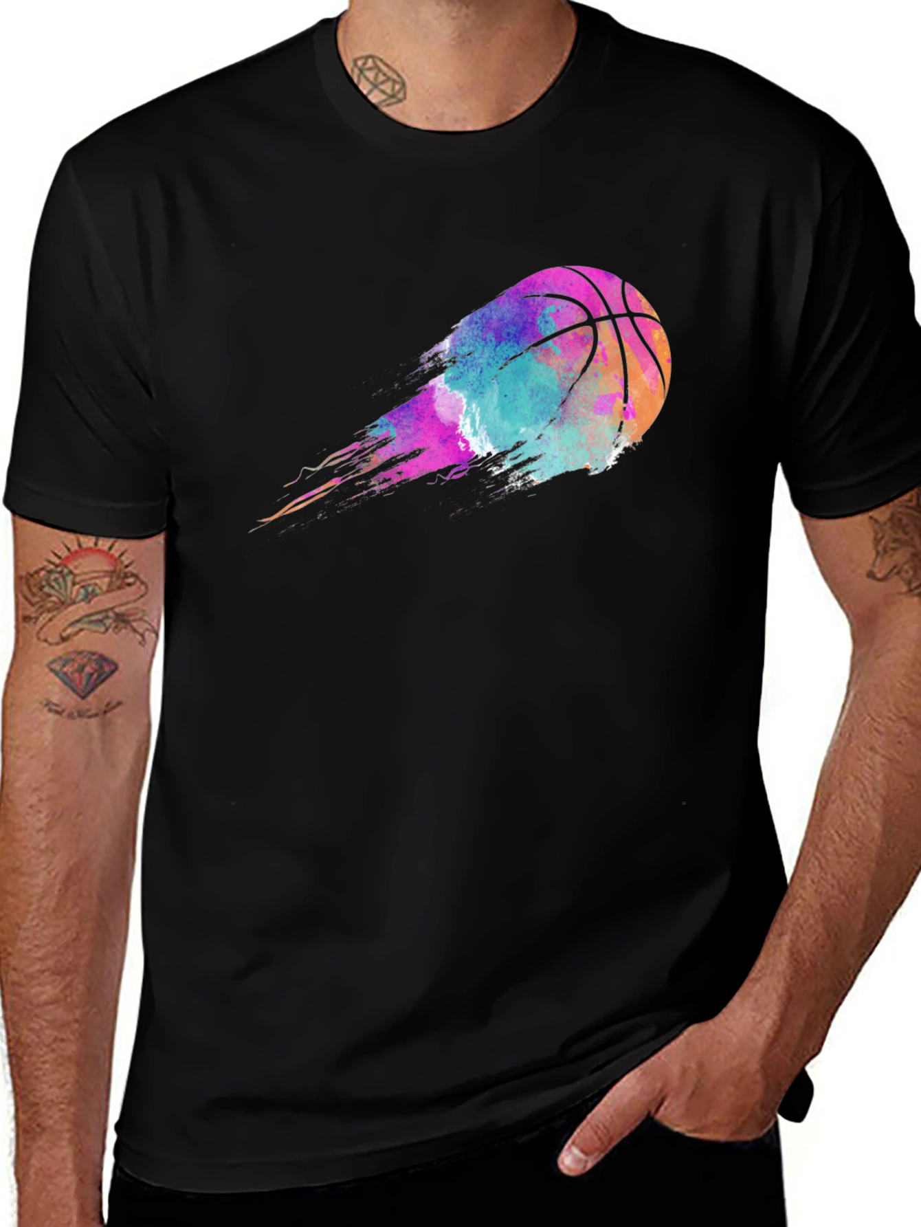 Variant 12 of Watercolor Basketball Graphic Tee - Men's Black T-Shirt