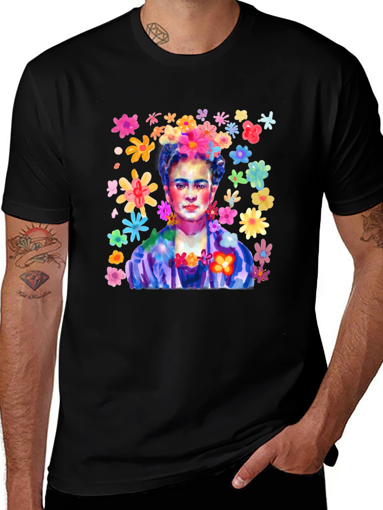Frida Kahlo Floral Art Black T-Shirt