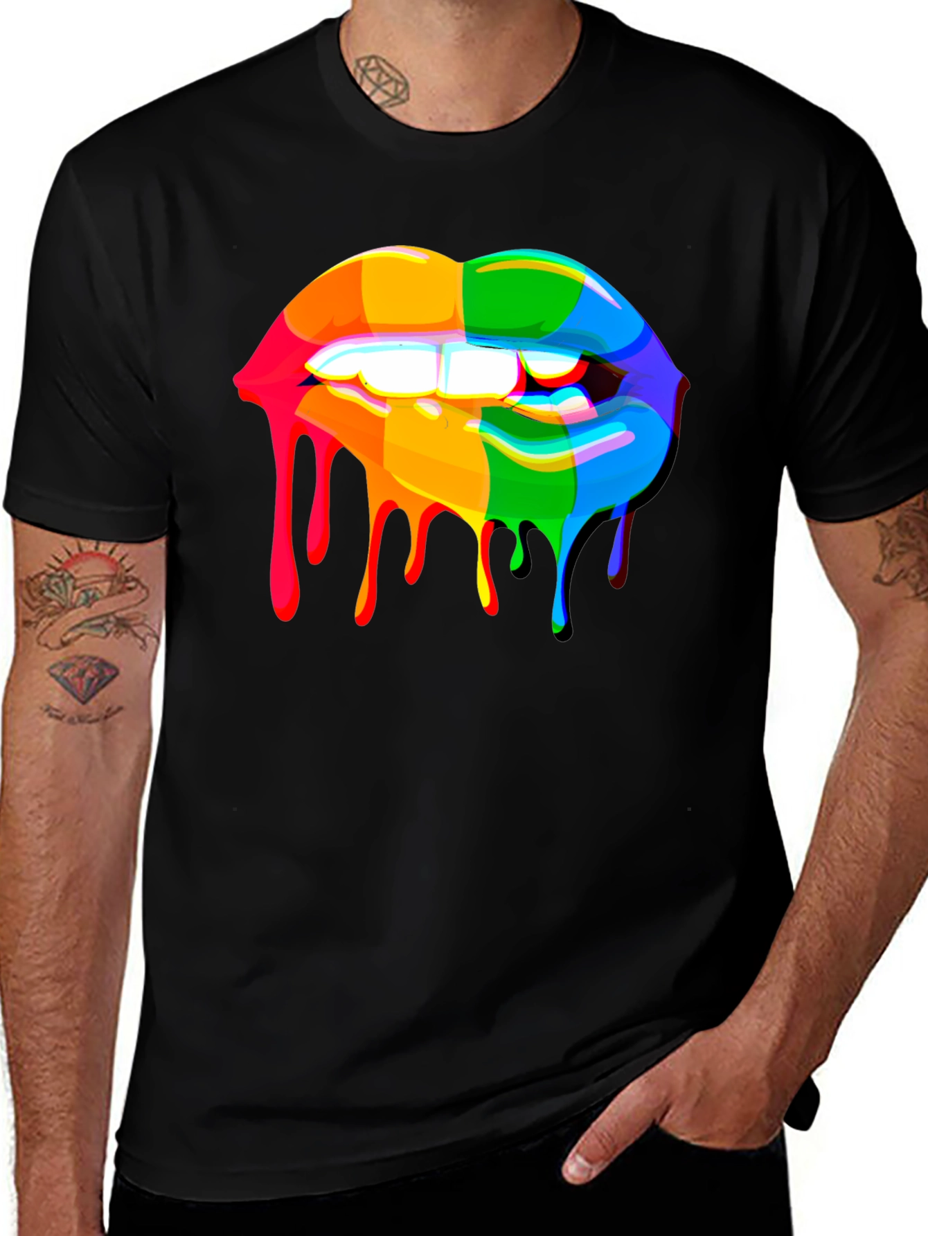 Variant 19 of Rainbow Dripping Lips Graphic Black T-Shirt