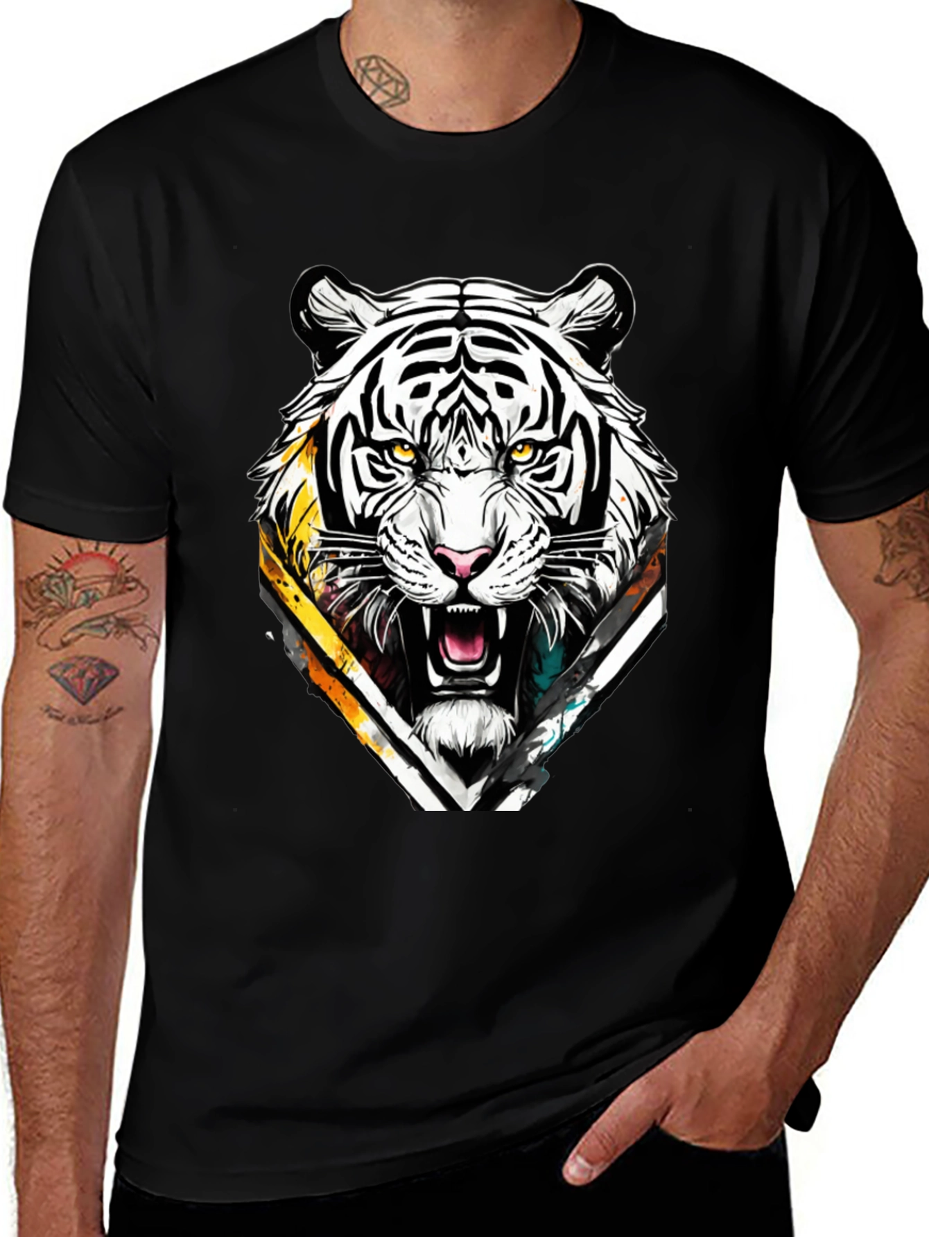 Variant 11 of White Tiger Graphic Tee - Men's Black T-Shirt