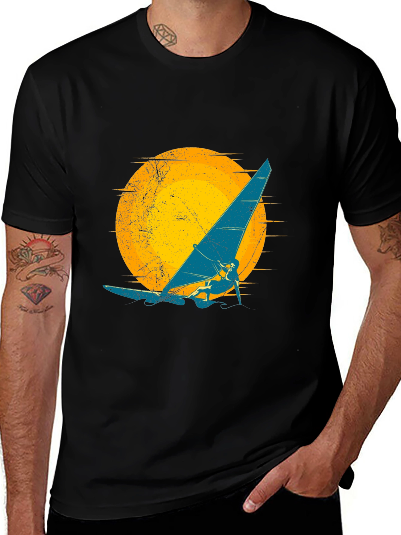 Variant 9 of Retro Windsurfer Graphic Tee - Black Cotton T-Shirt