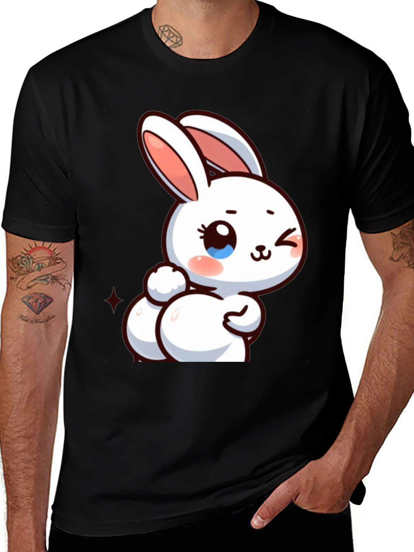 Variant 12 of Cute Cartoon Bunny Graphic Tee - Black Cotton Comfort