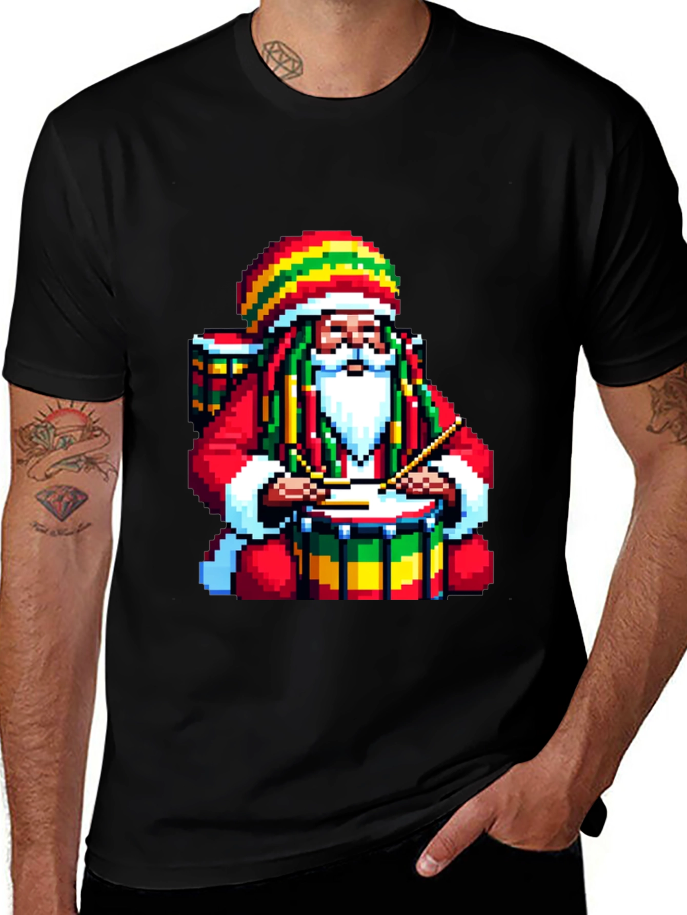 Rasta Santa Drummer Pixel Art T-Shirt