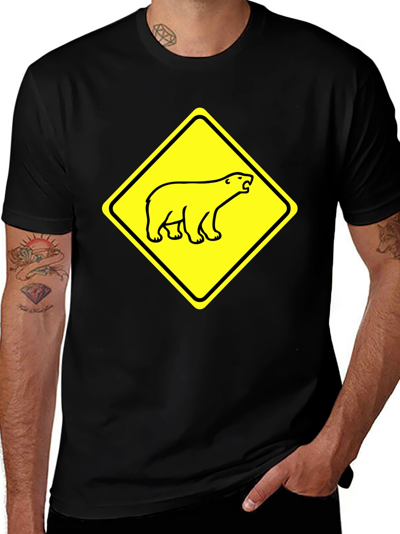 Variant 15 of Funny Polar Bear Warning Sign Black T-Shirt