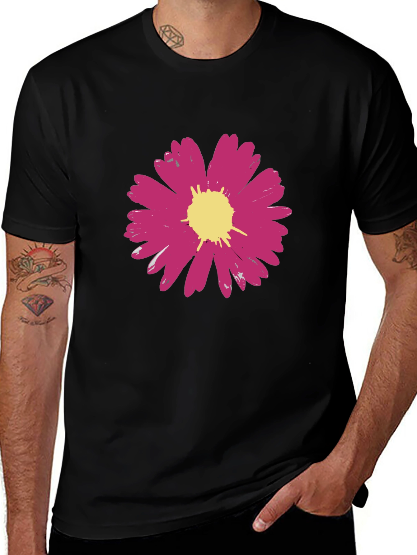 Variant 28 of Pink Flower Graphic Black T-Shirt