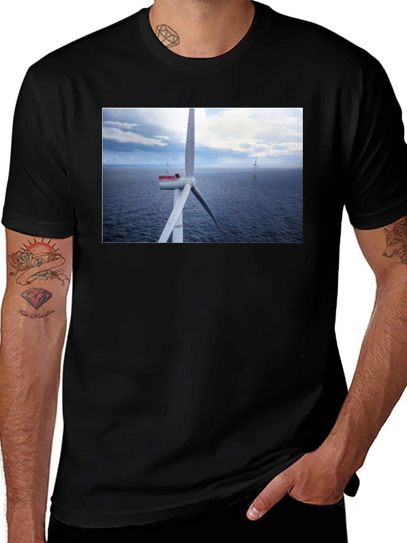 Black Wind Turbine Ocean Graphic T-Shirt main image