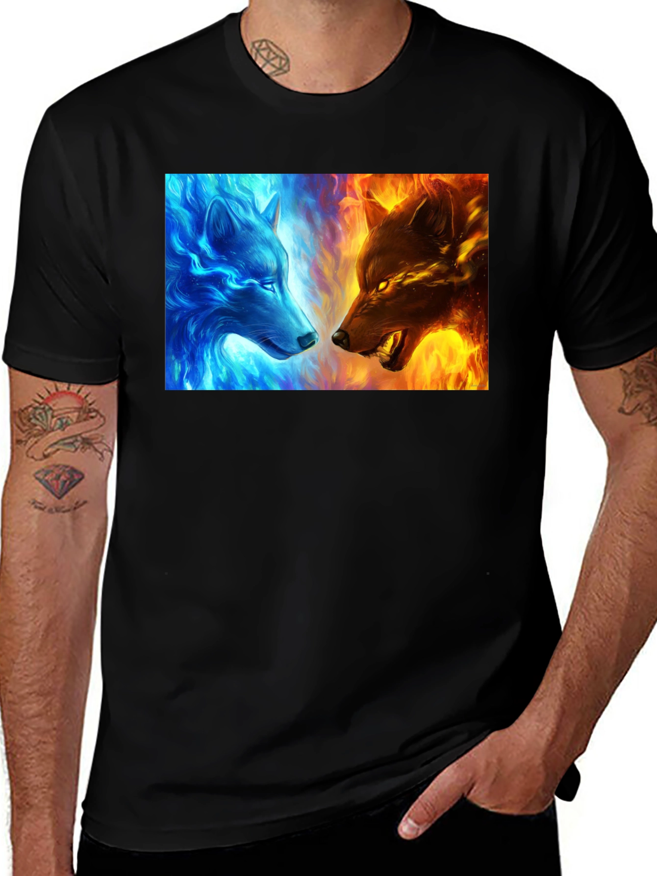 Black Fire and Ice Wolf Graphic Tee - Cool Men's T-Shirt main image