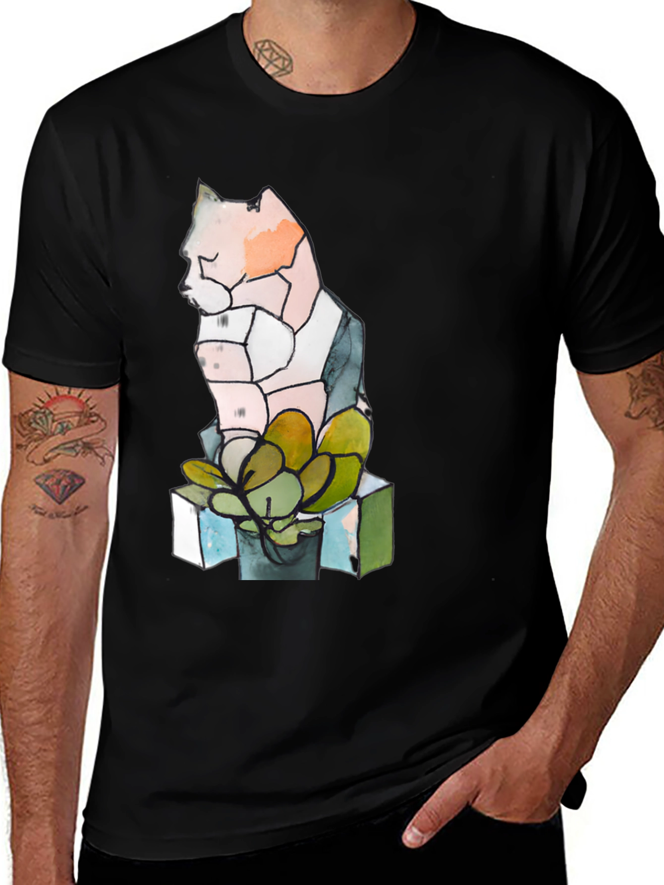 Abstract Cat & Succulent Graphic Black T-Shirt