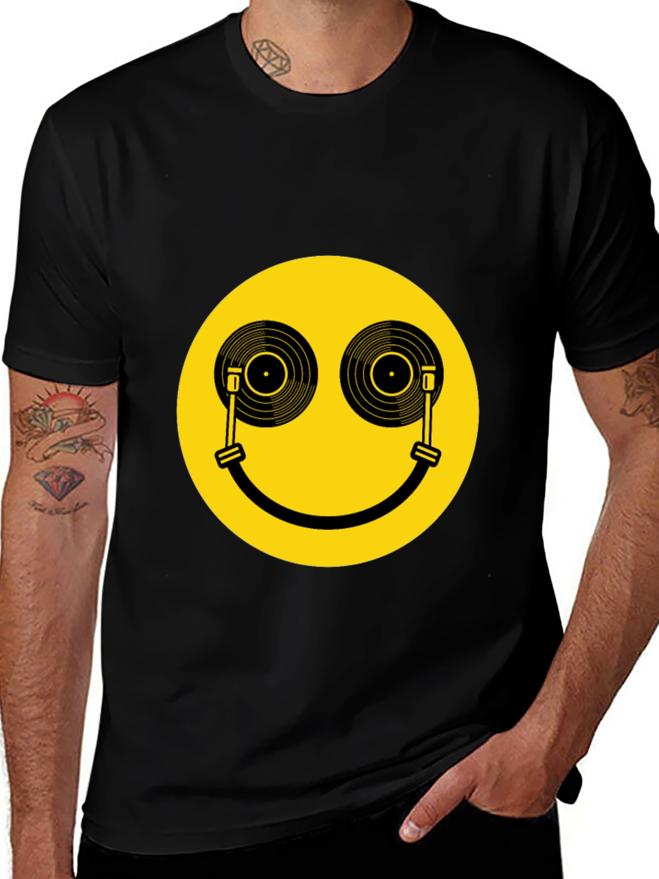 Smiley Face DJ Turntable Graphic Tee - Black