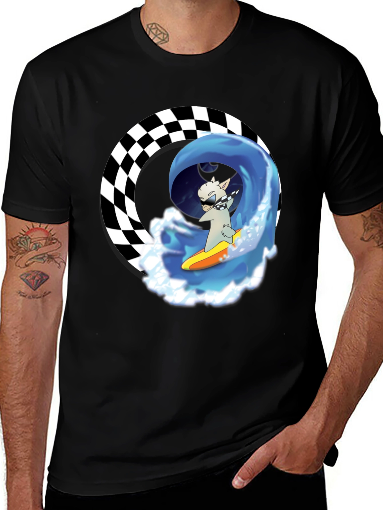 Variant 12 of Surfing Llama Graphic Tee - Cool Black T-Shirt