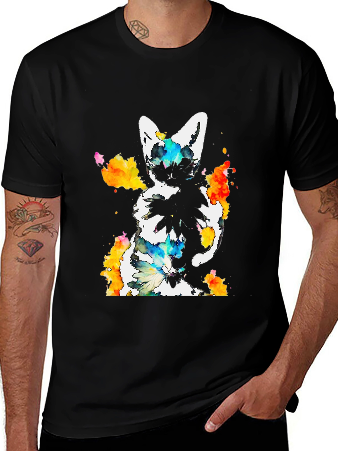 Variant 22 of Watercolor Cat Print Black T-Shirt