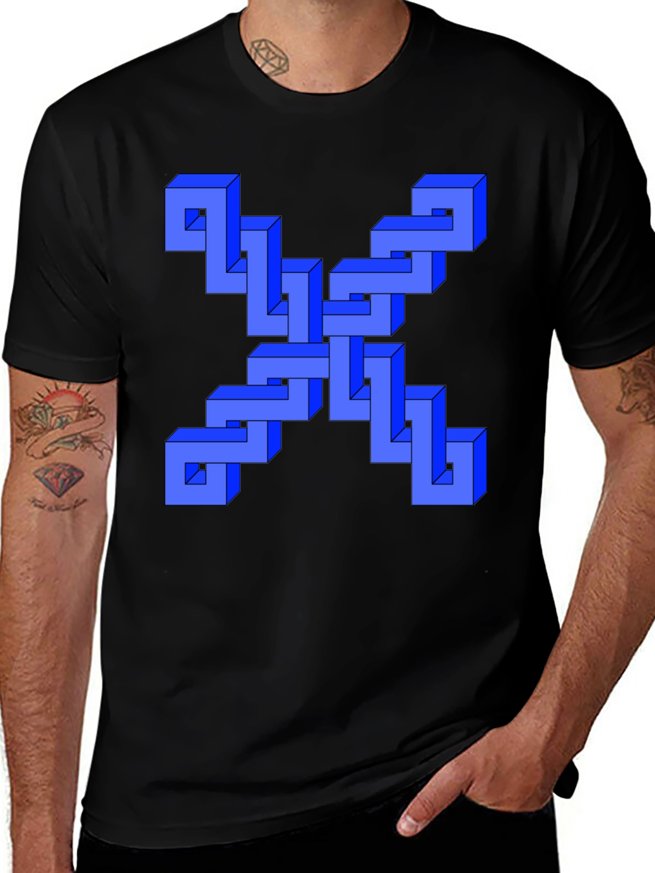 Black Optical Illusion Blue Cube Design Black T-Shirt main image