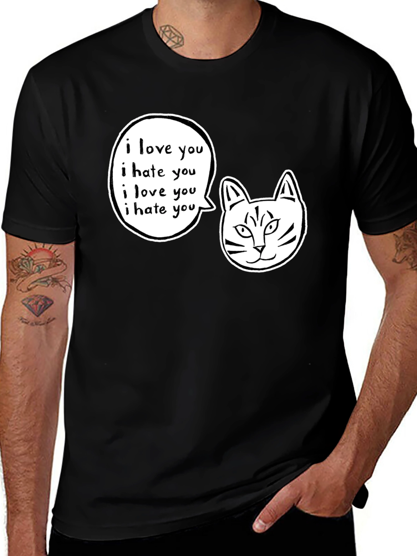 Variant 15 of Love Hate Cat Graphic Tee - Black Cotton T-Shirt