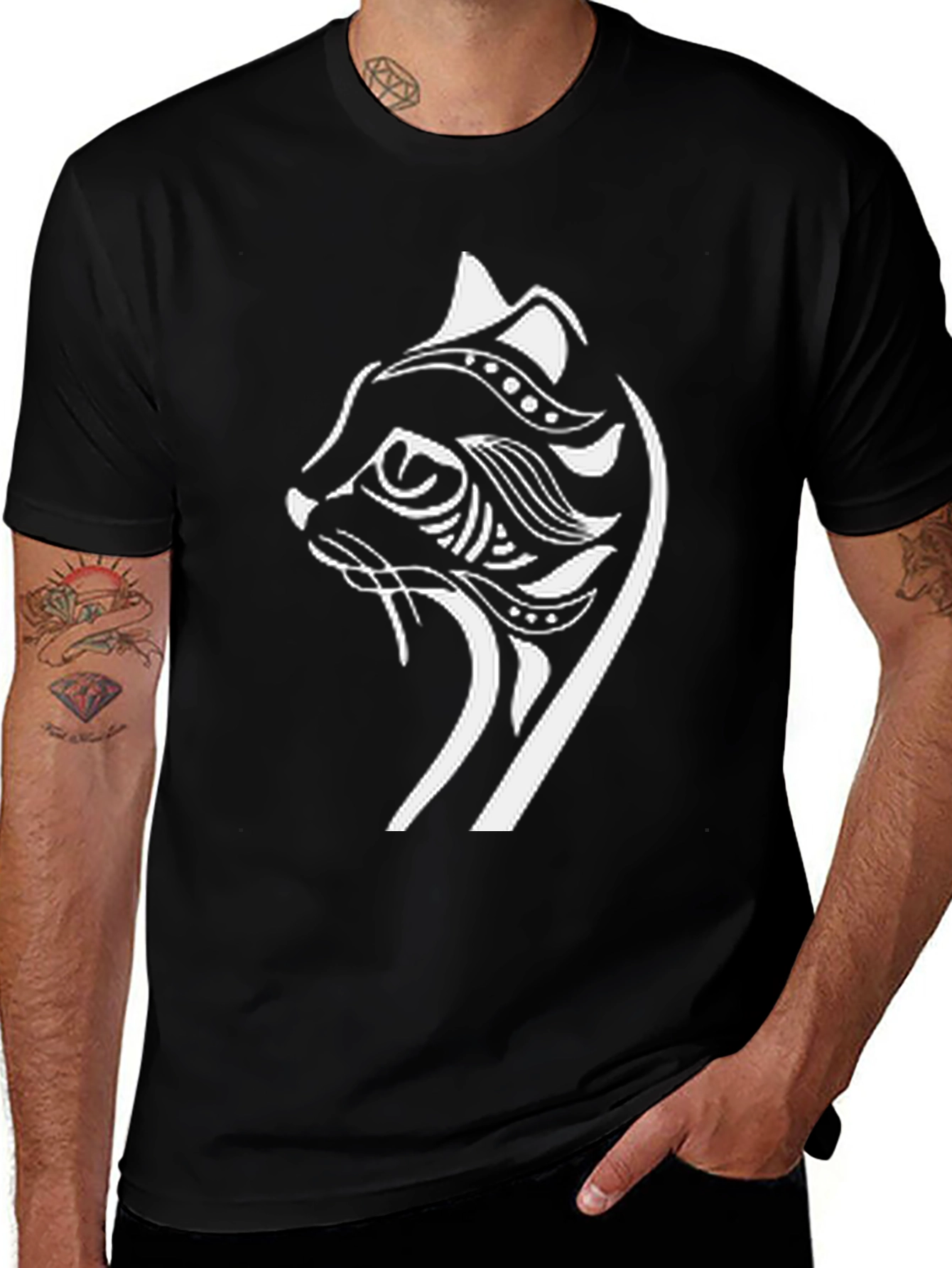 Tribal Cat Graphic T-Shirt - Black