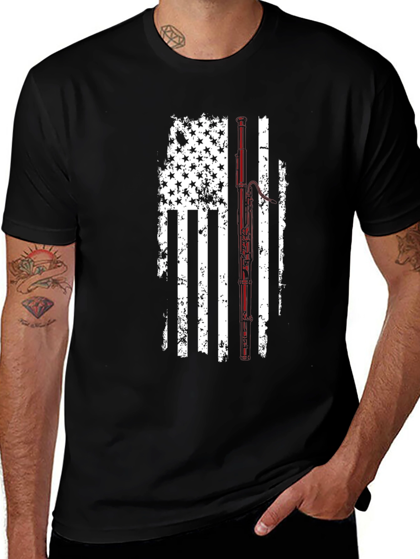 Distressed American Flag Fishing Rod Graphic T-Shirt
