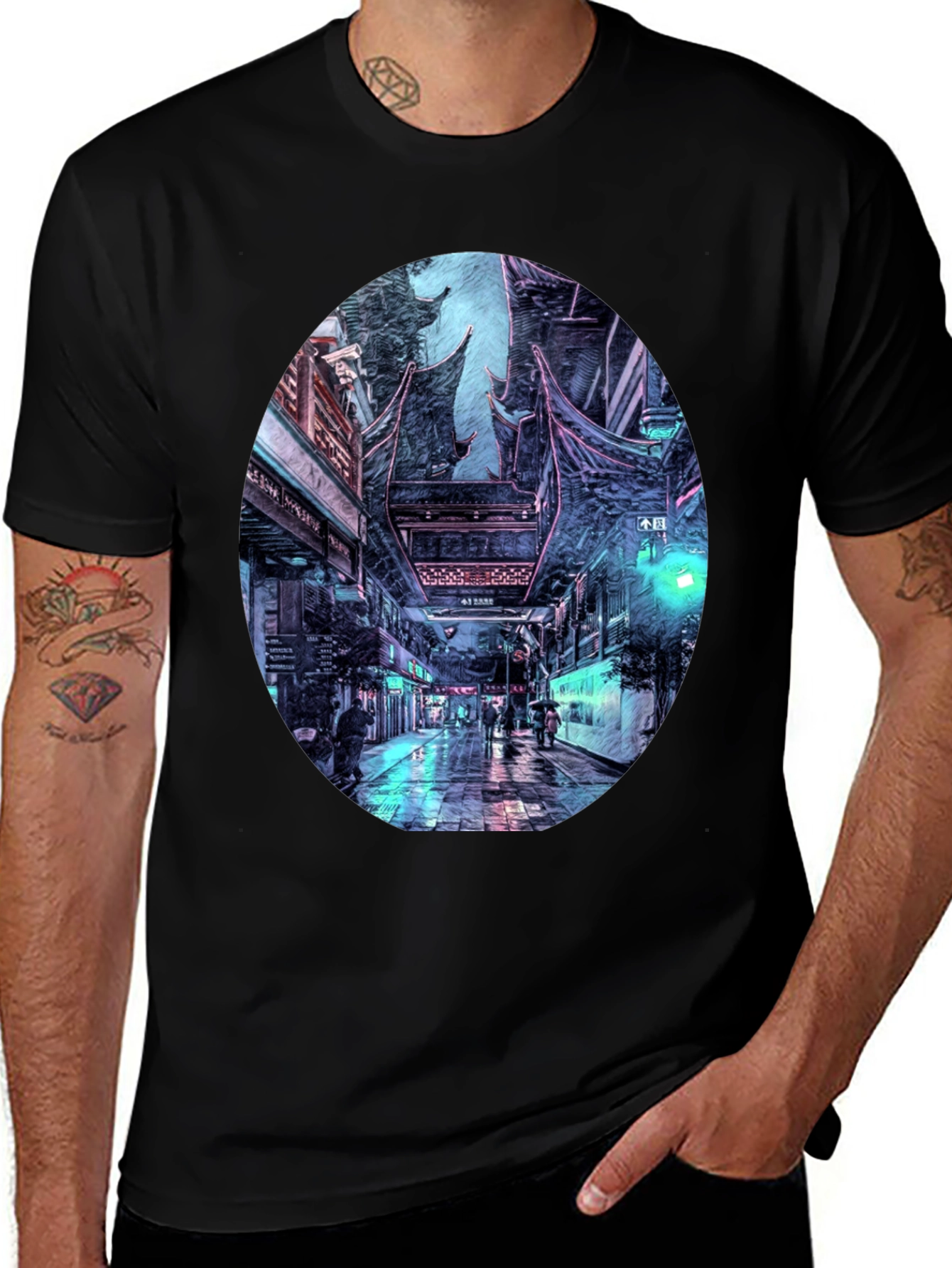 Variant 3 of Cyberpunk Cityscape Graphic Tee - Black Crew Neck