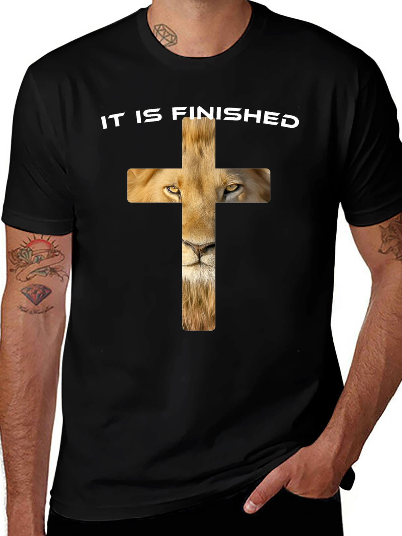 Variant 9 of Lion Cross It Is Finished Black T-Shirt