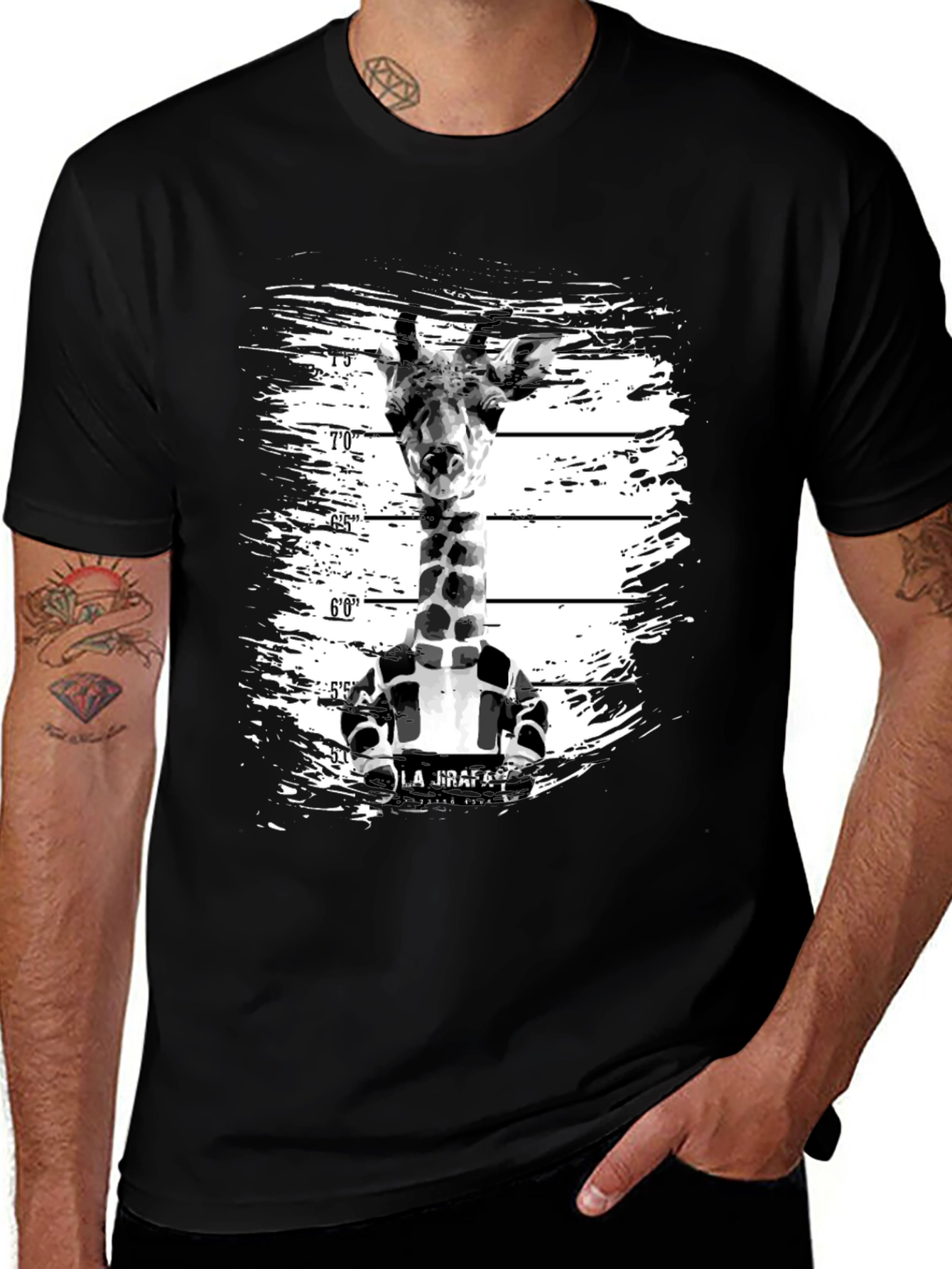 Variant 30 of Giraffe Mugshot Graphic Tee - Men's Black Crew Neck T-Shirt