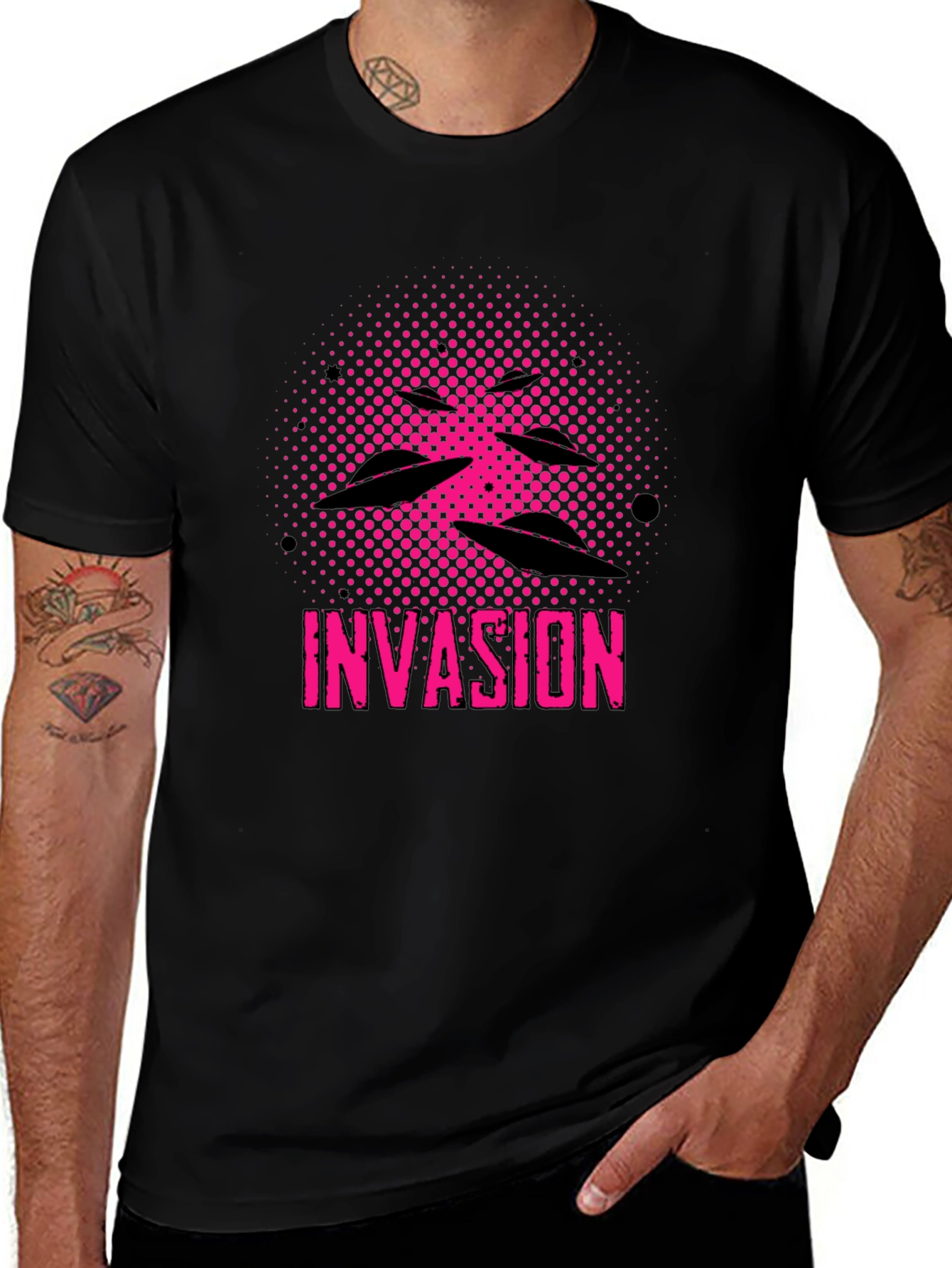 Invasion Graphic Tee - UFO Alien Design, Black