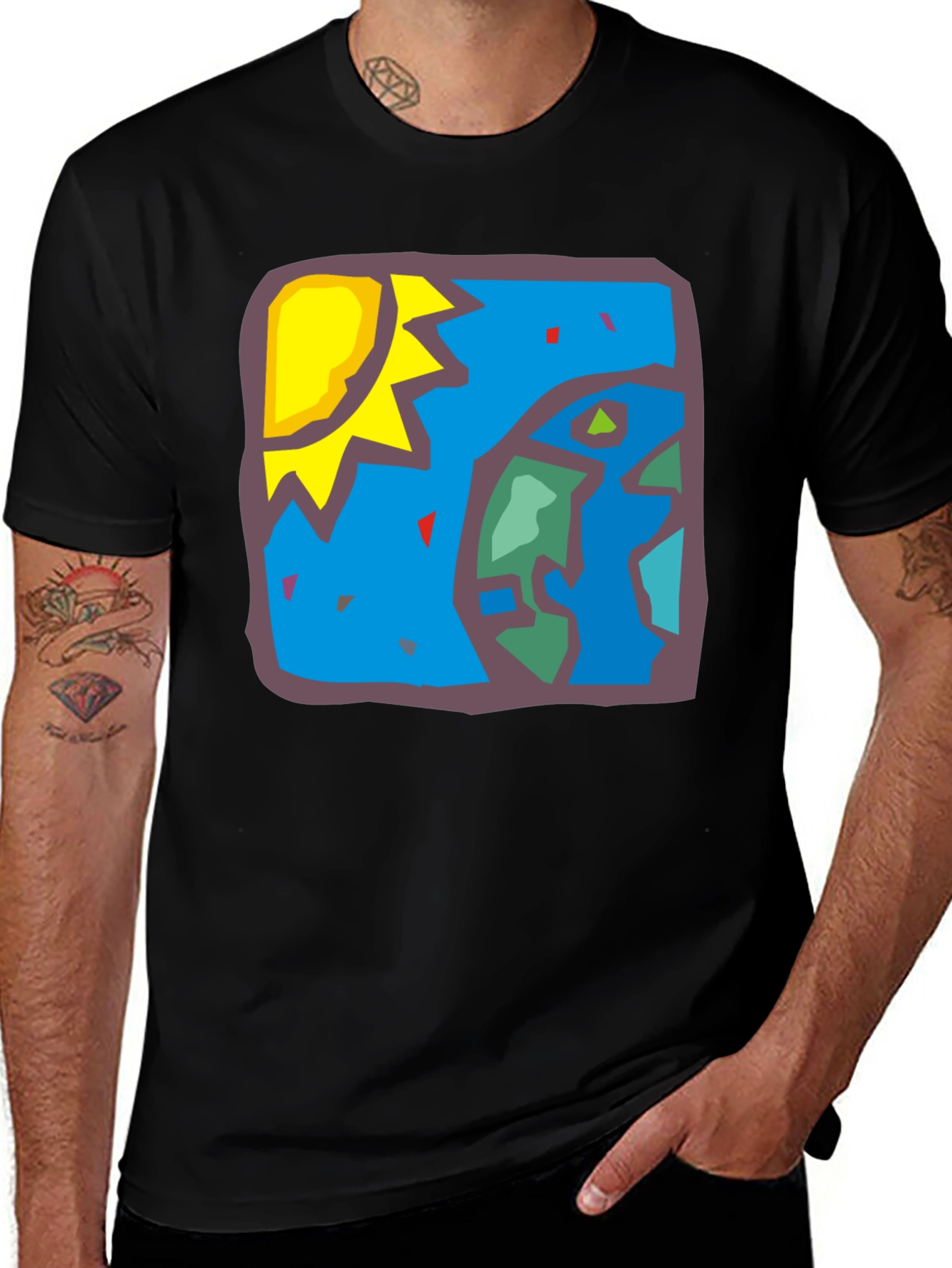 Abstract Earth Sun Graphic Black T-Shirt