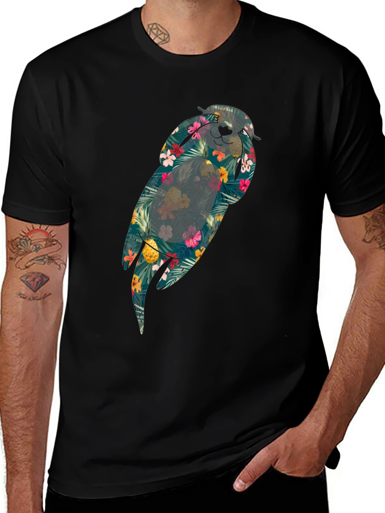 Variant 10 of Tropical Floral Parrot Graphic Black T-Shirt