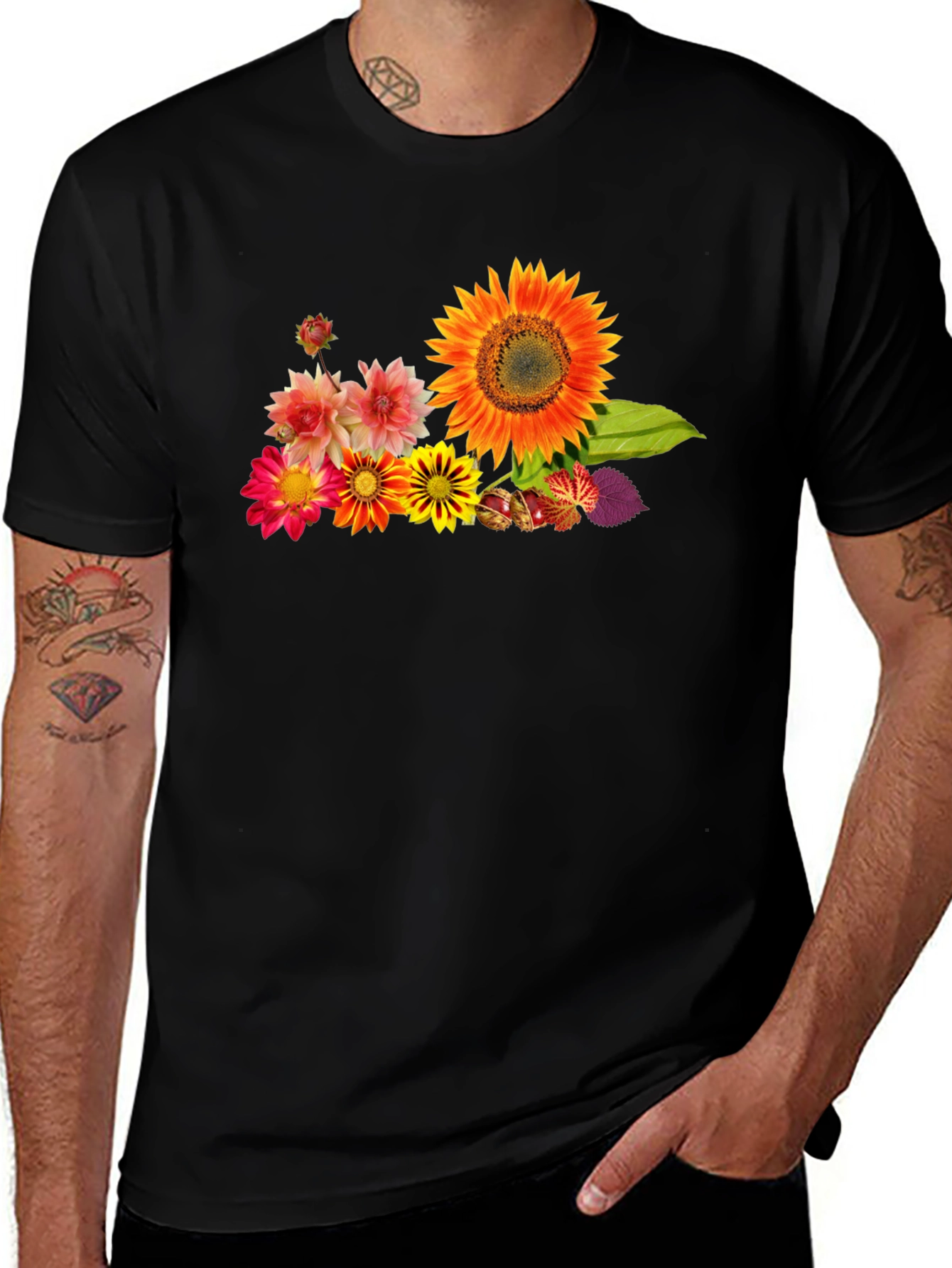 Variant 19 of Floral Print Black Cotton T-Shirt