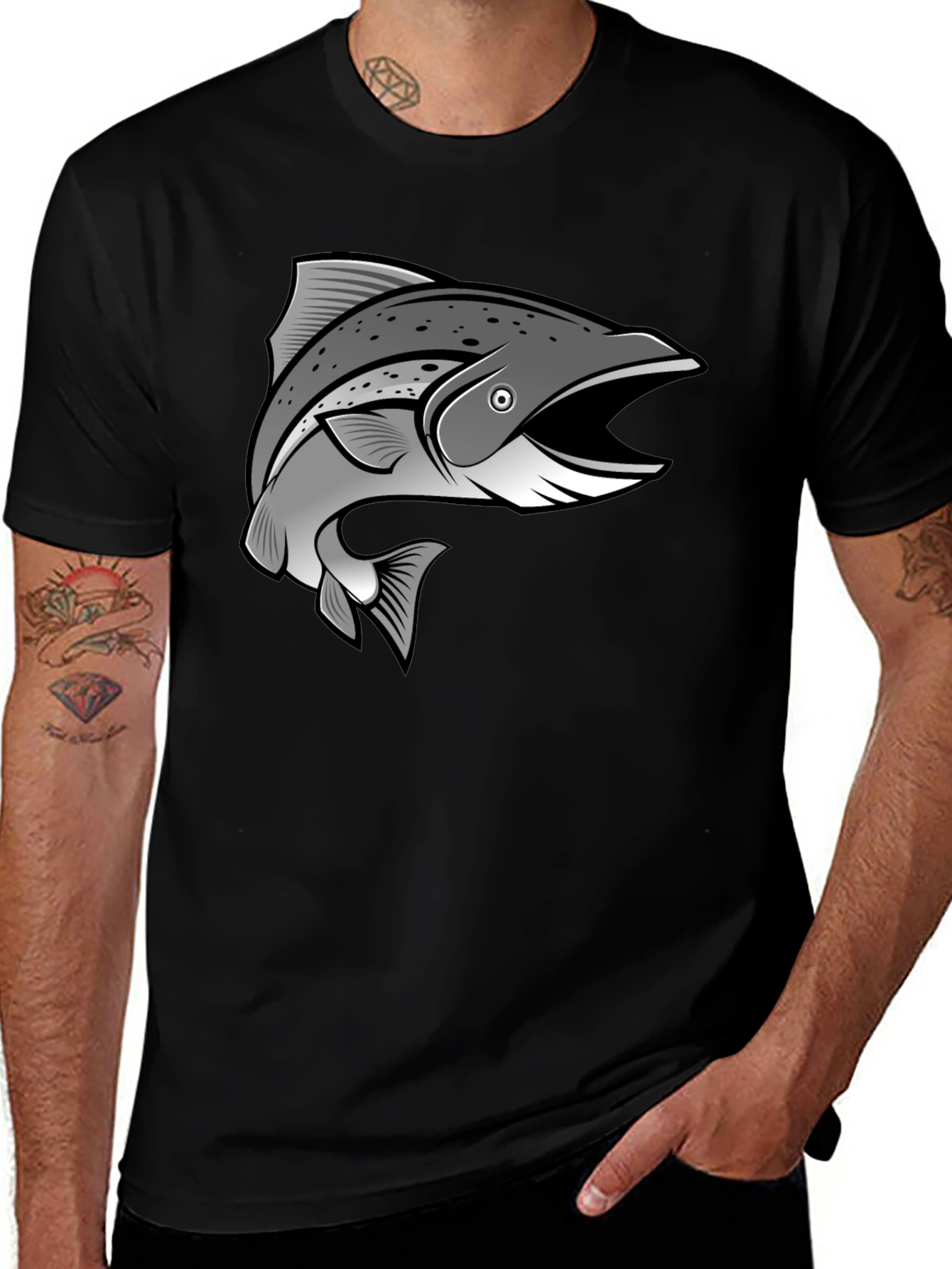 Variant 15 of Black T-Shirt with Graphic Salmon Design