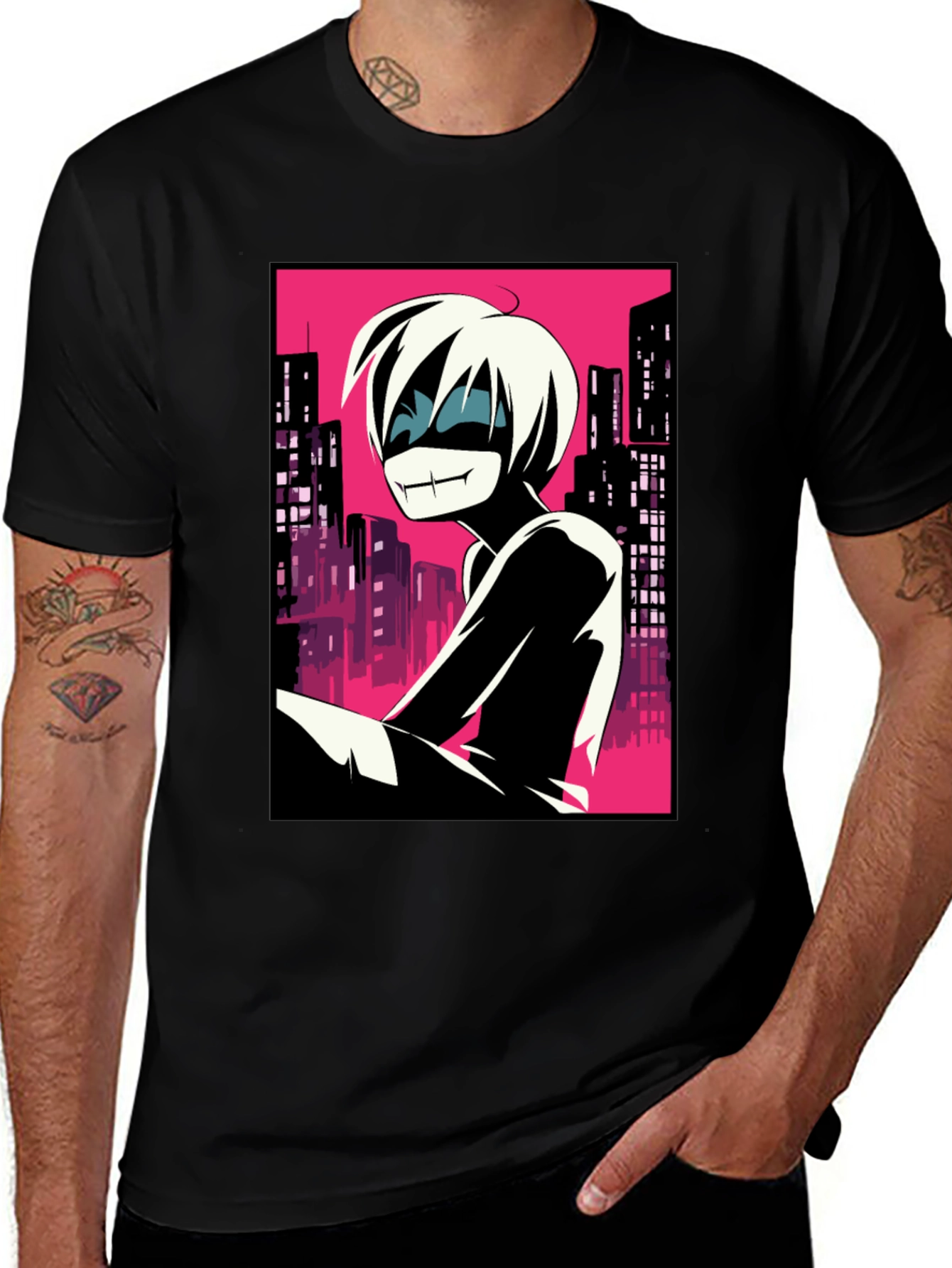 Anime Cityscape Graphic Tee - Black T-Shirt