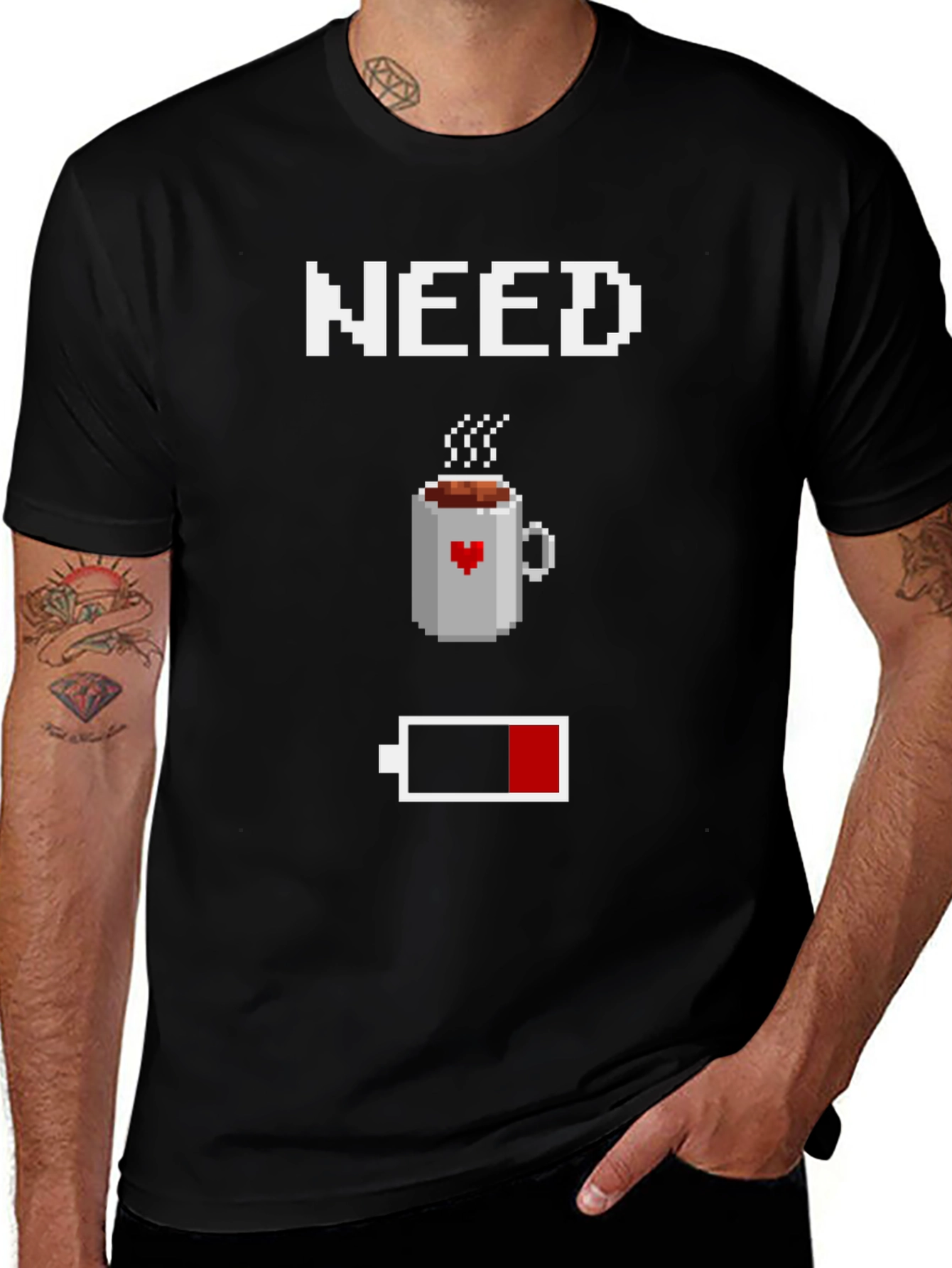 Variant 10 of Need Coffee Pixel Art T-Shirt - Low Battery Funny Tee