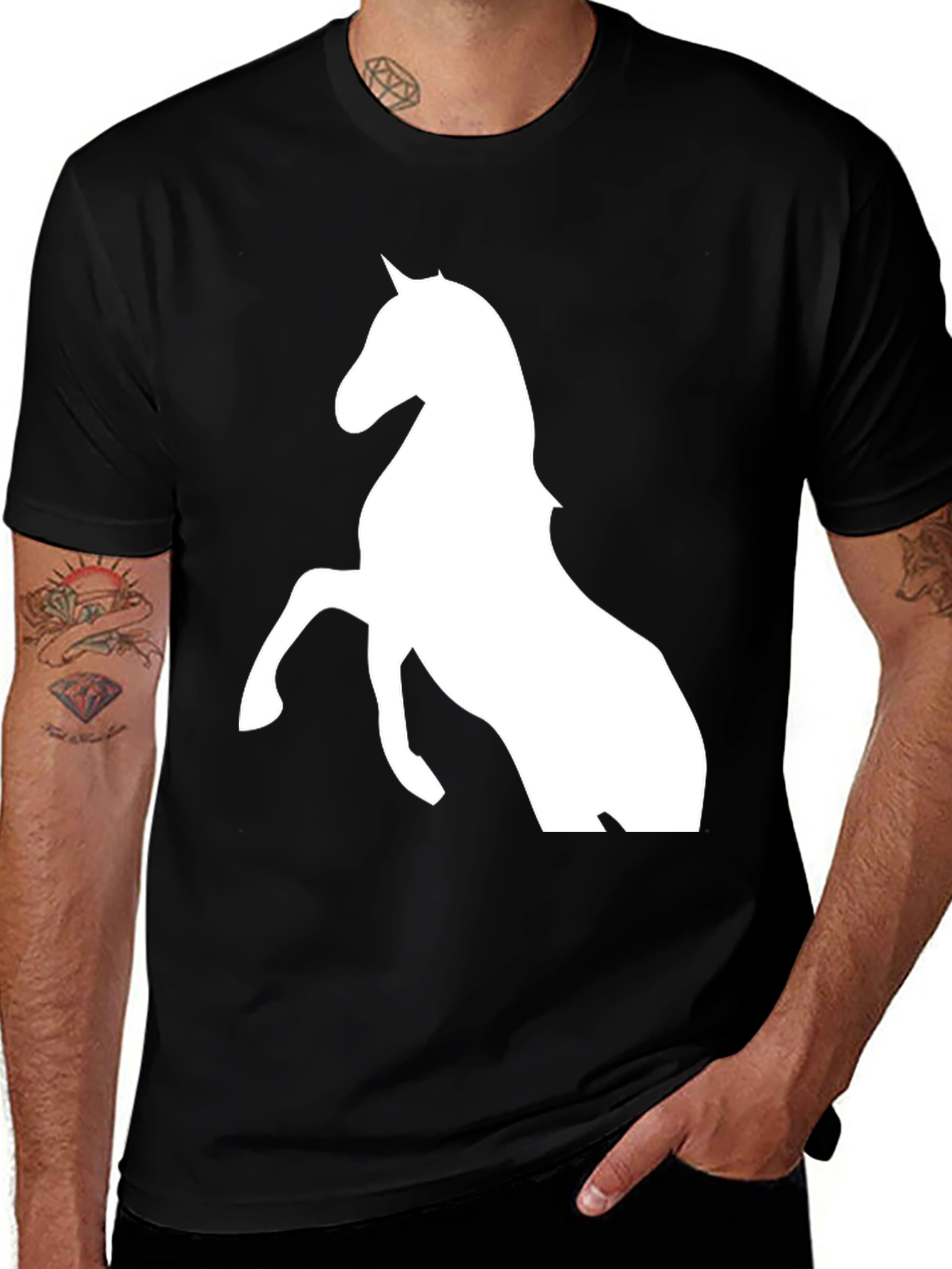 Variant 29 of Black T-Shirt with White Horse Graphic