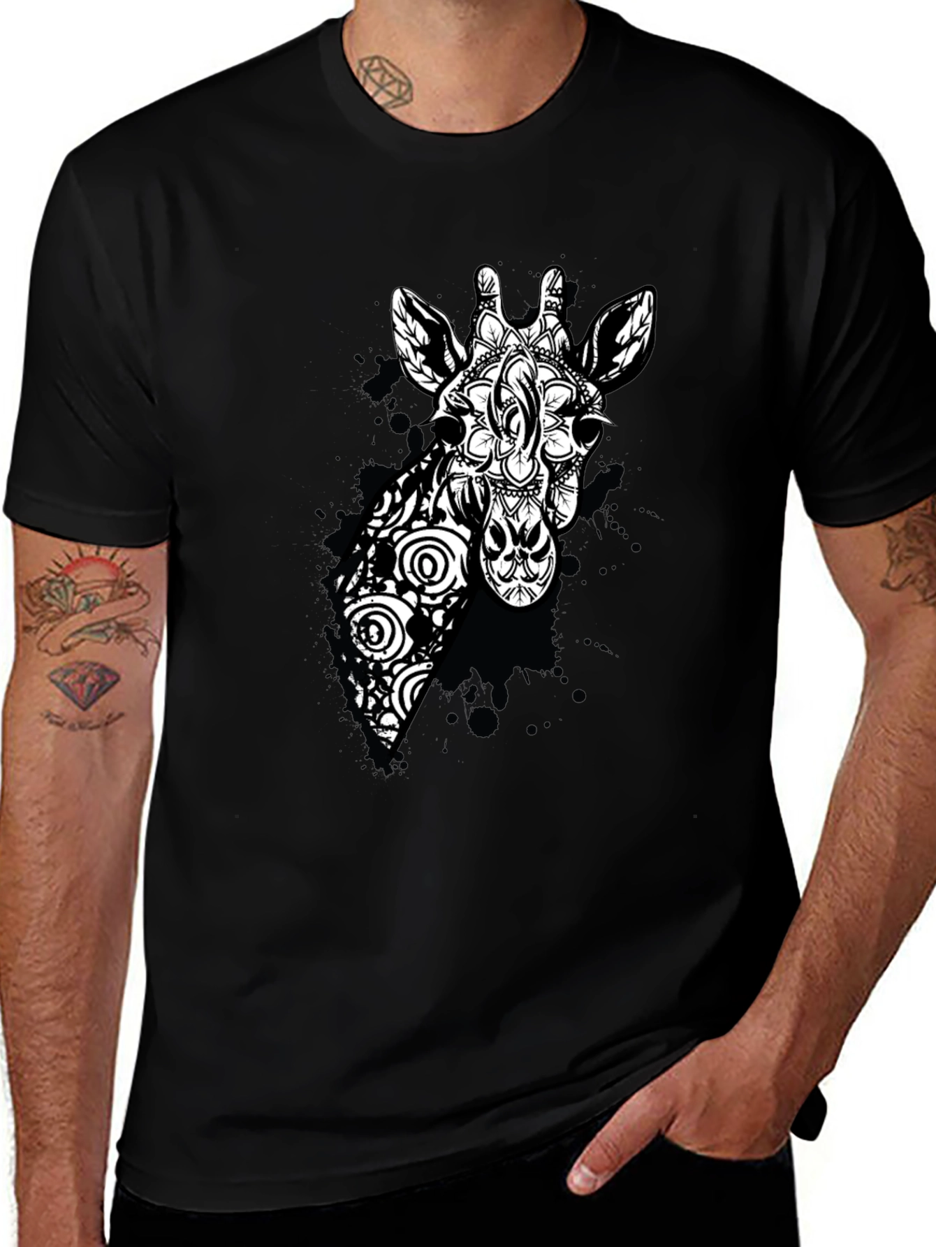 Variant 2 of Giraffe Mandala Graphic Tee - Black Cotton T-Shirt