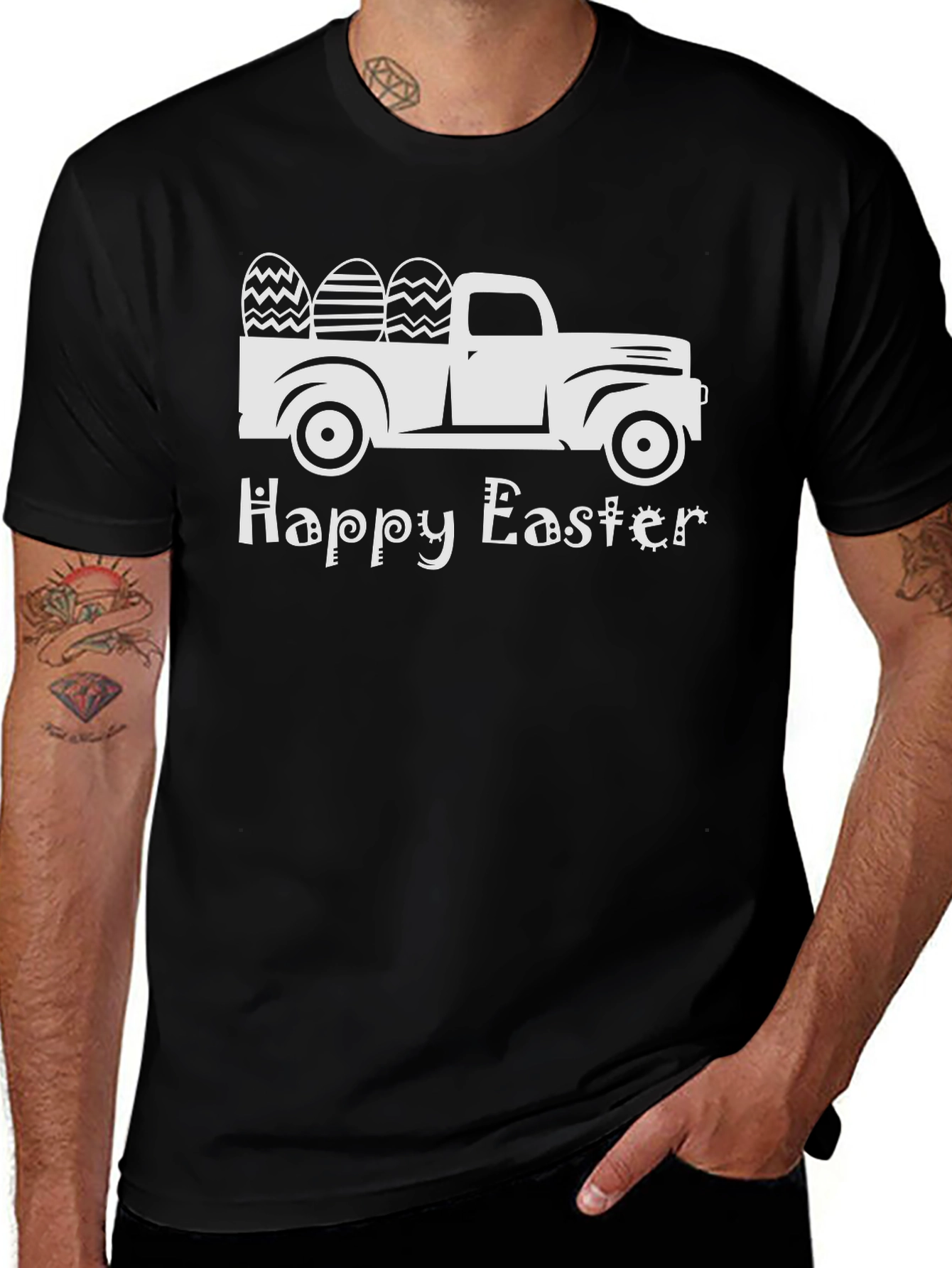 Camiseta Negra Happy Easter con Camioneta y Huevos