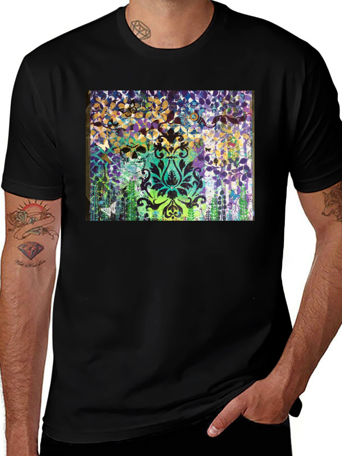 Variant 25 of Skull & Floral Graphic Print Black T-Shirt