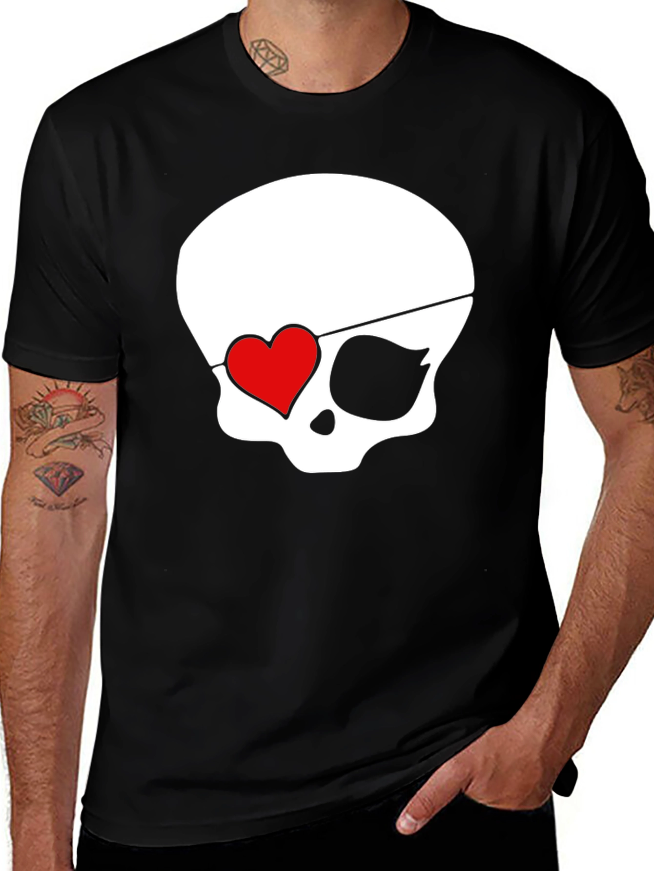 Skull Pirate Heart Eye Patch Men's Black T-Shirt