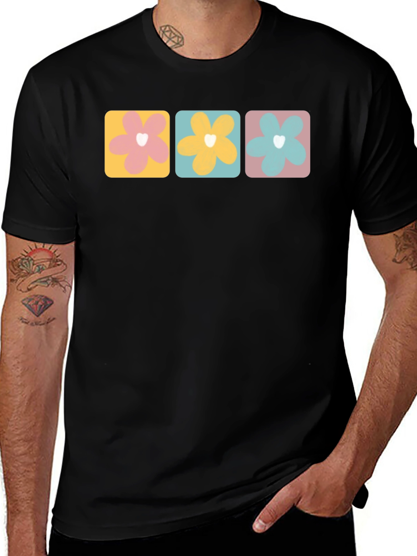 Variant 22 of Retro Floral Graphic Tee - Black Cotton Blend Shirt