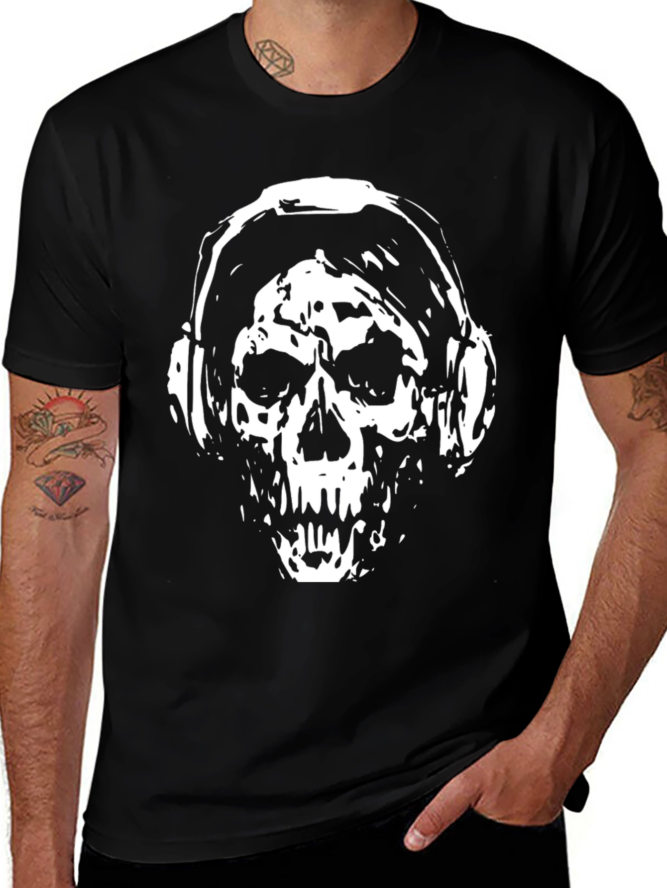 Variant 4 of Skull Headphones Graphic Black T-Shirt