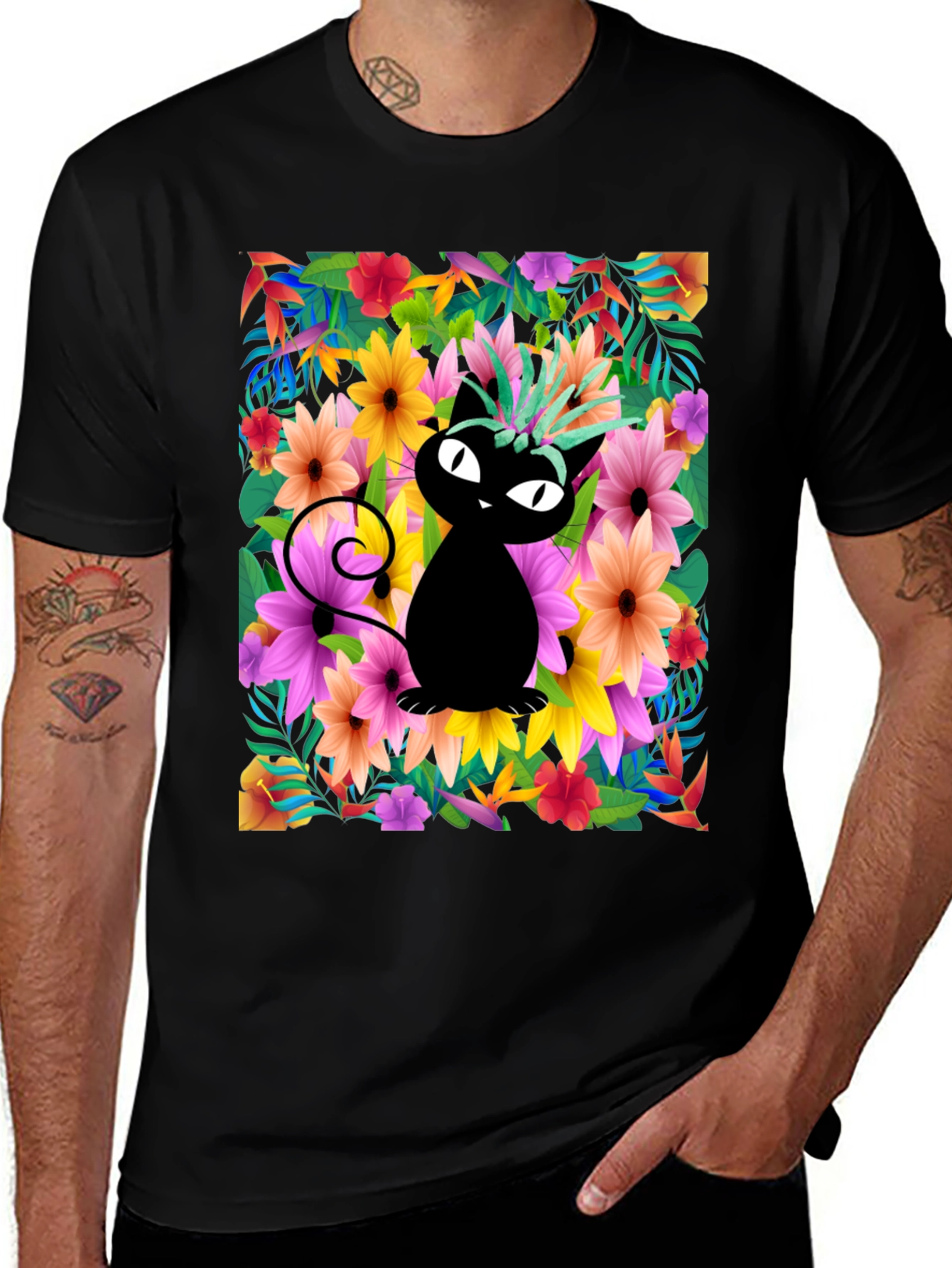 Variant 27 of Tropical Cat Tee - Whimsical Floral Design