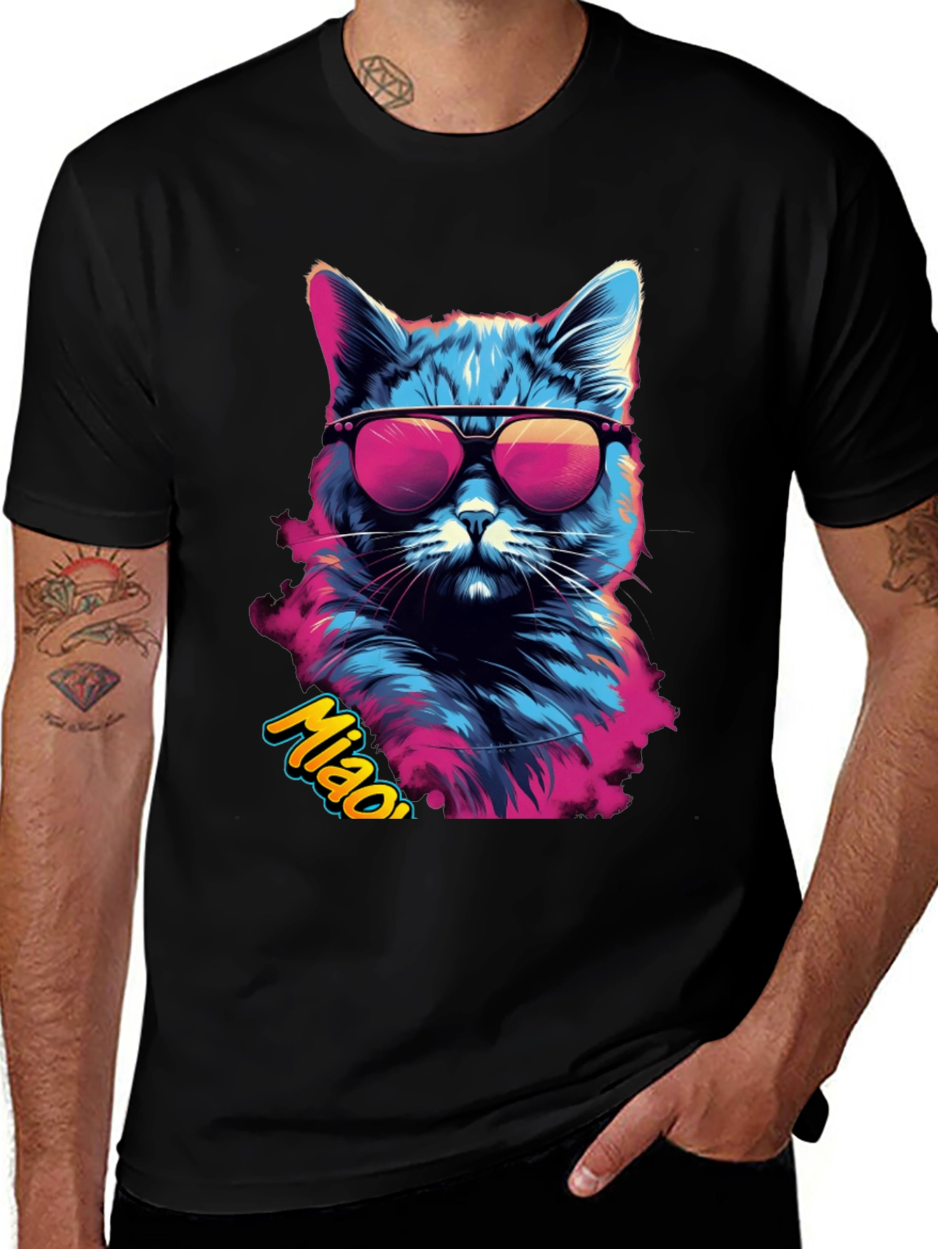 Variant 27 of Cool Cat Graphic Tee - Men's Black T-Shirt