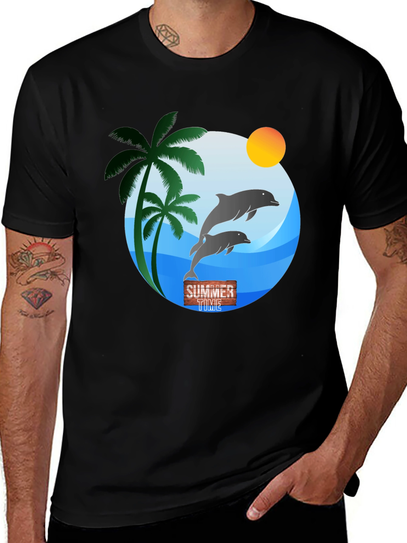 Summer Time Dolphin Graphic T-Shirt - Black