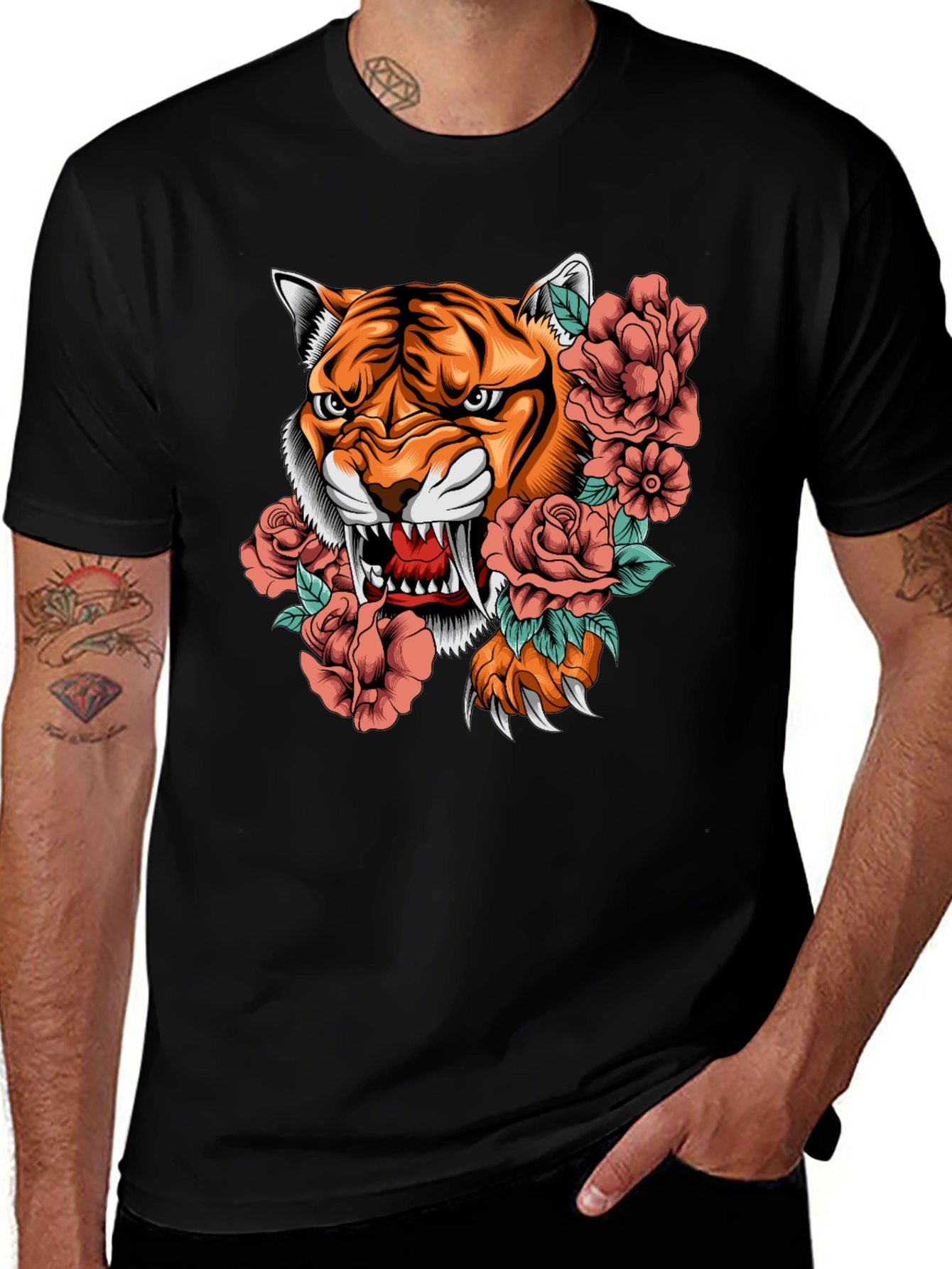Variant 20 of Tiger & Roses Graphic Black T-Shirt