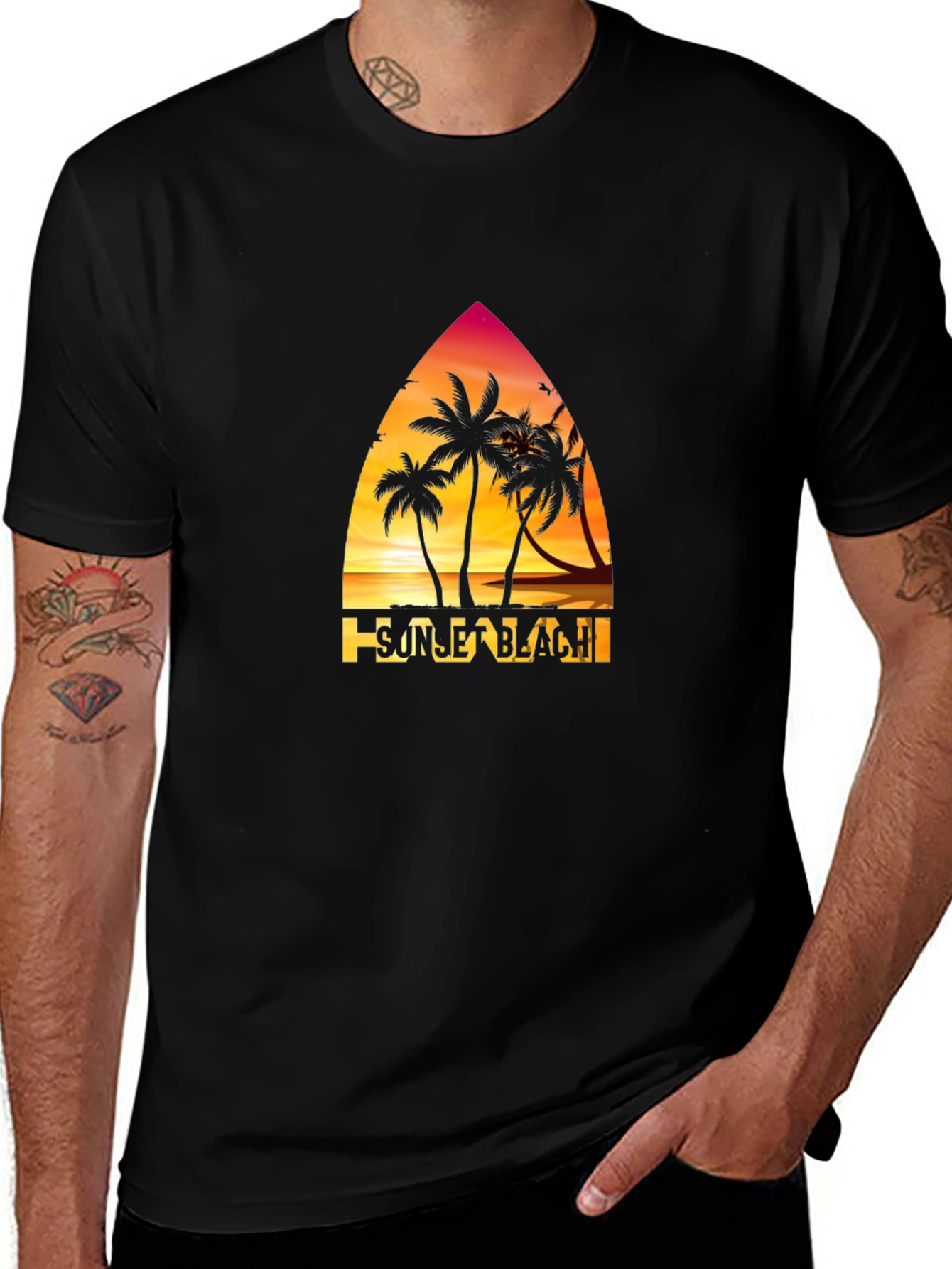 Sunset Beach Graphic T-Shirt, Palm Tree Design