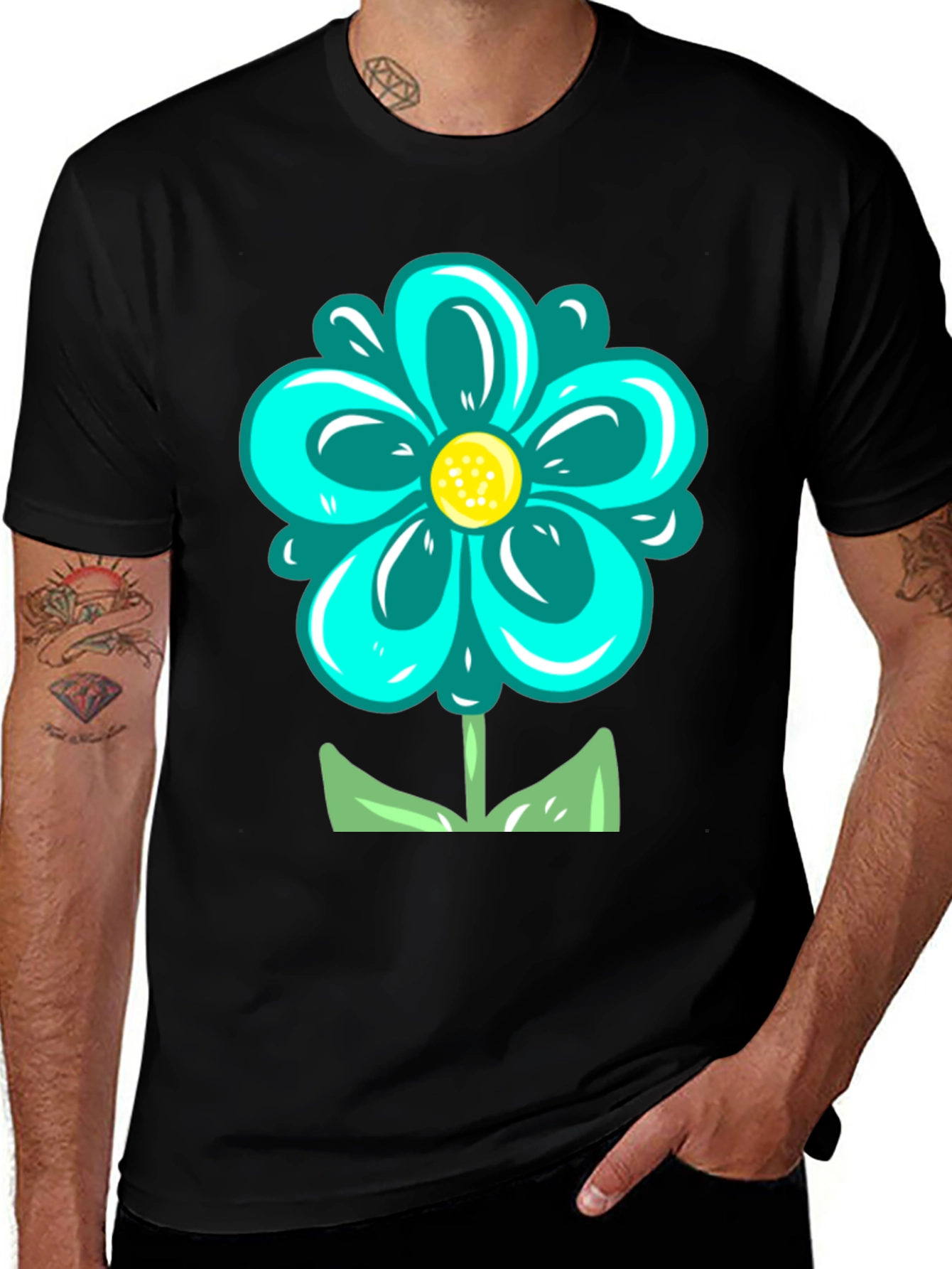 Variant 16 of Teal Flower Graphic Print Black T-Shirt