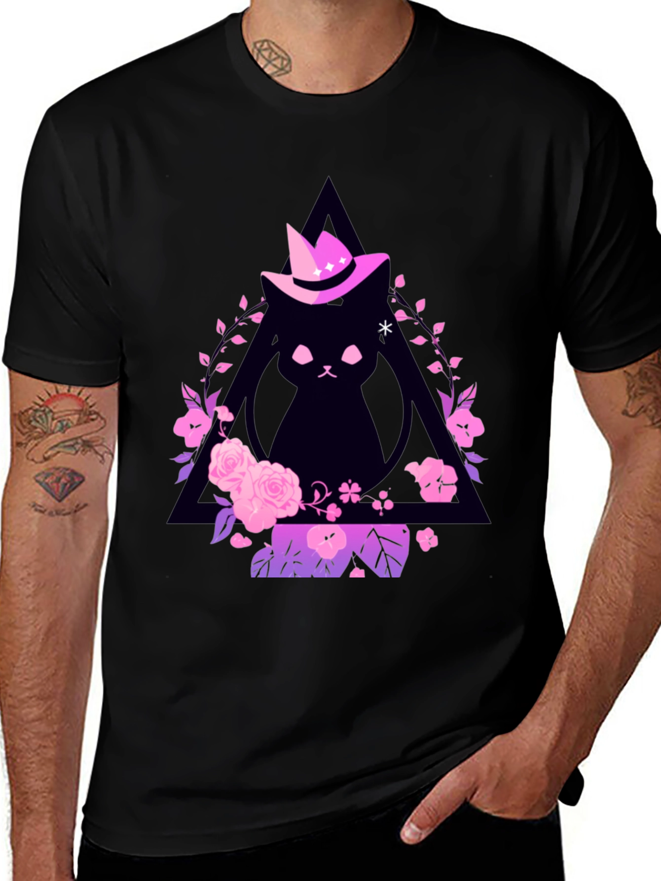 Variant 30 of Witch Cat Graphic Tee - Floral Triangle Design