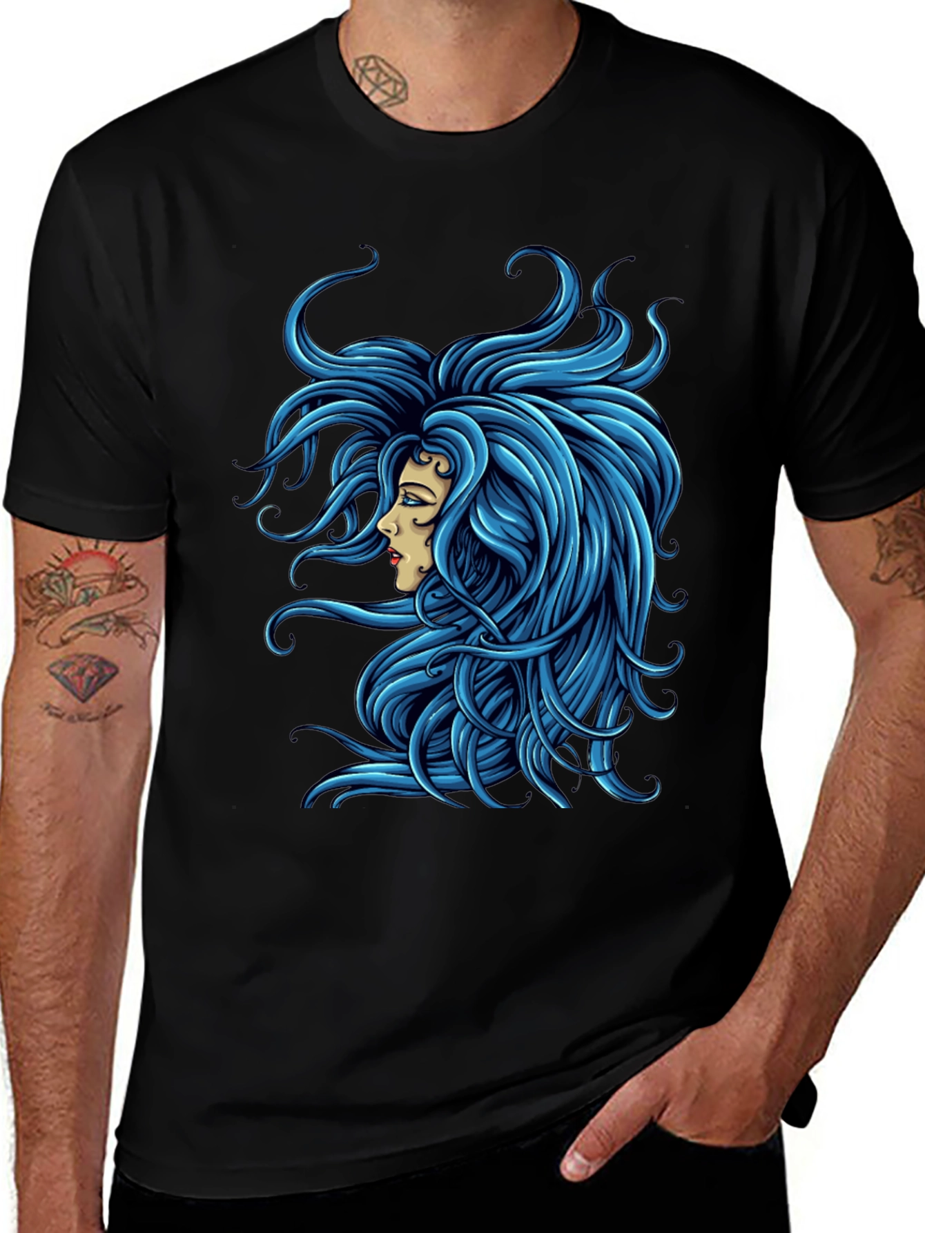 Variant 16 of Black T-Shirt with Blue-Haired Woman Graphic