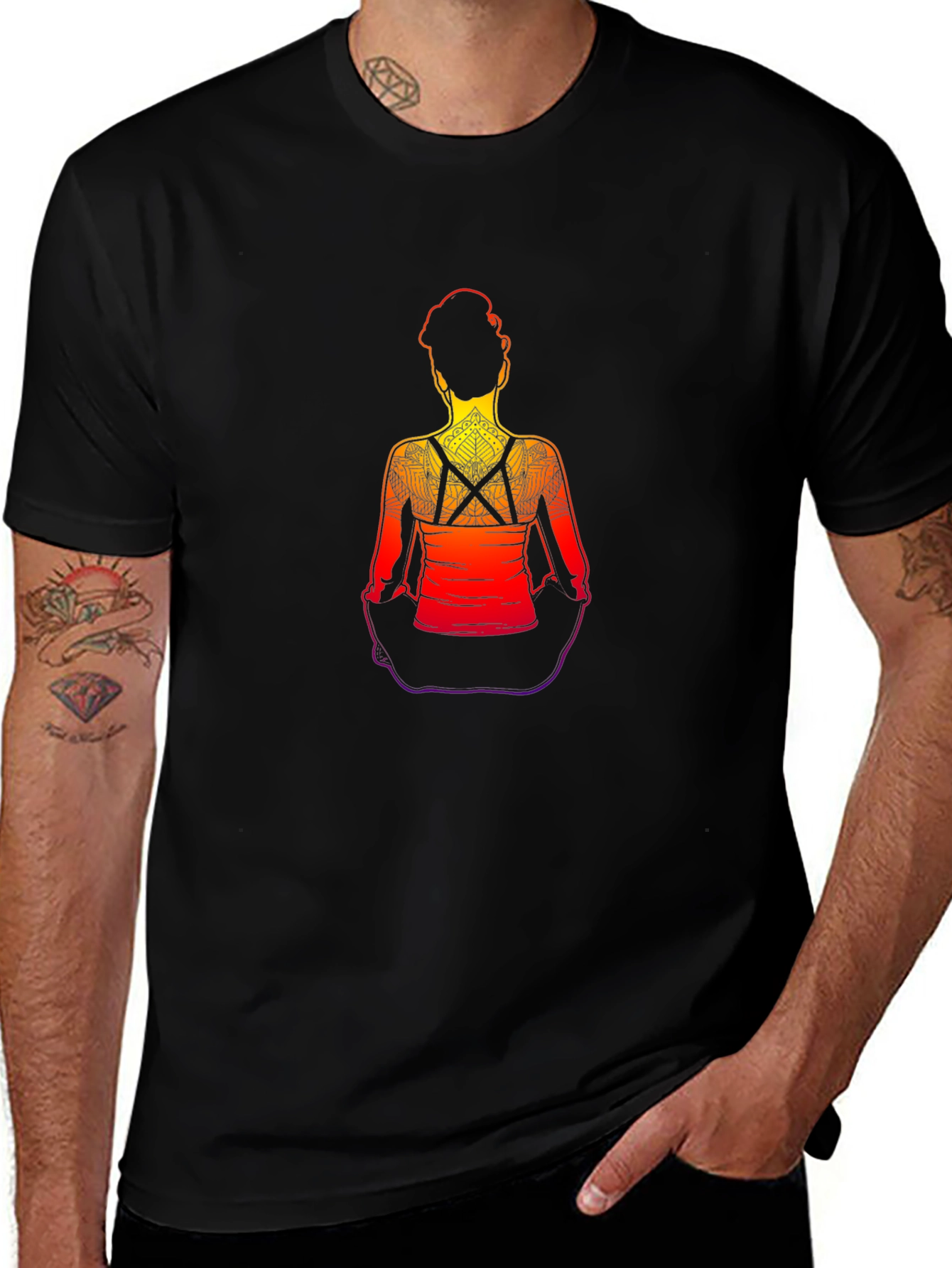 Variant 23 of Yoga Tattoo Black T-Shirt - Meditating Design