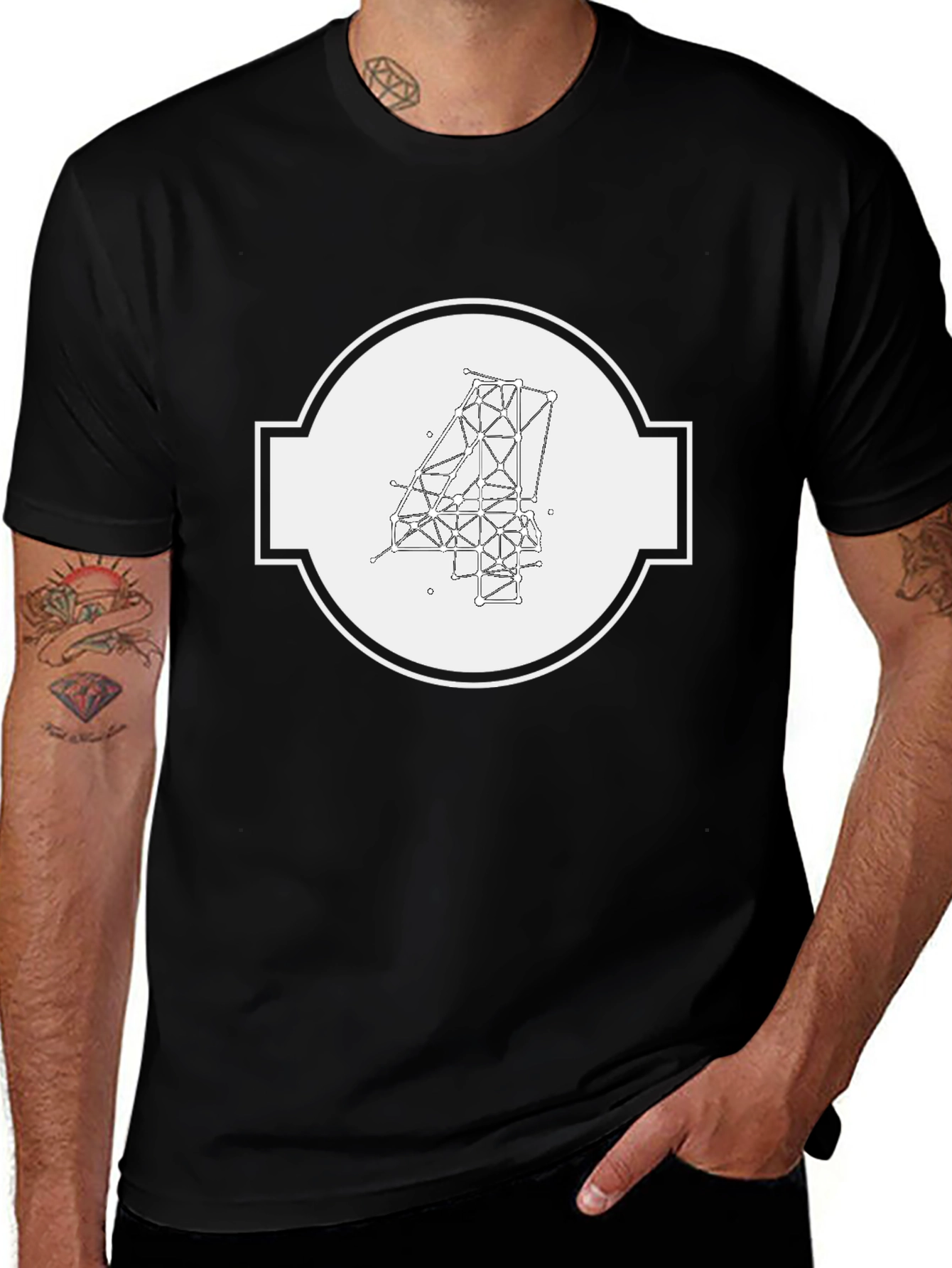 Black Geometric Number Four Graphic Tee - Modern Design main image