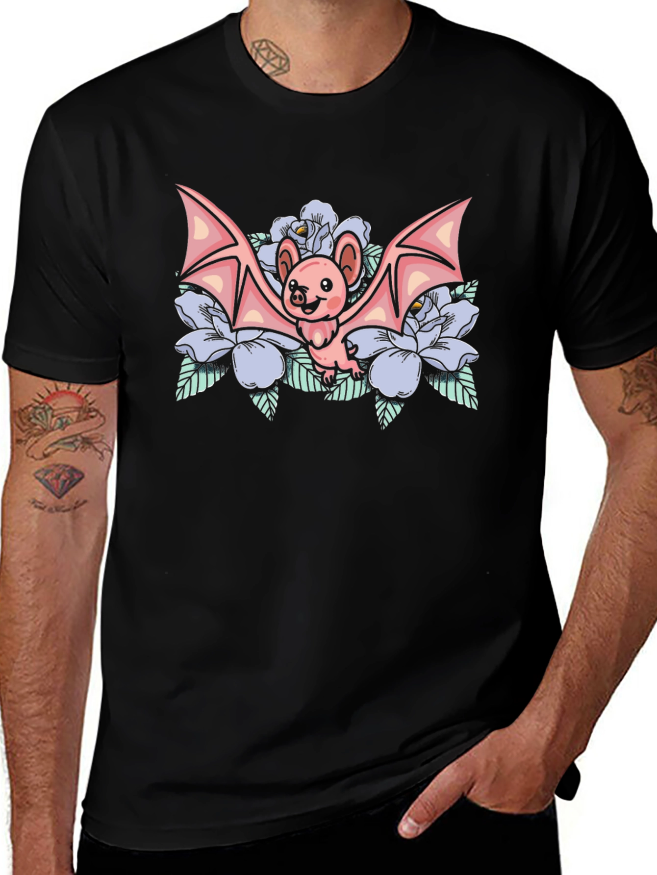 Variant 4 of Cute Bat & Floral Graphic Tee - Black T-Shirt