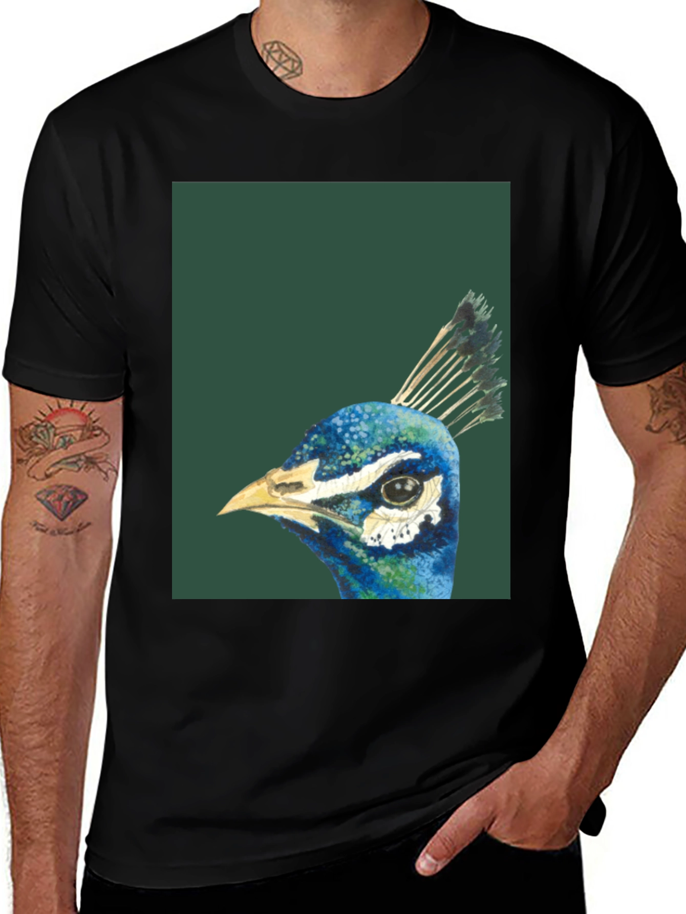 Variant 14 of Peacock Head Graphic Tee - Stylish Black T-Shirt