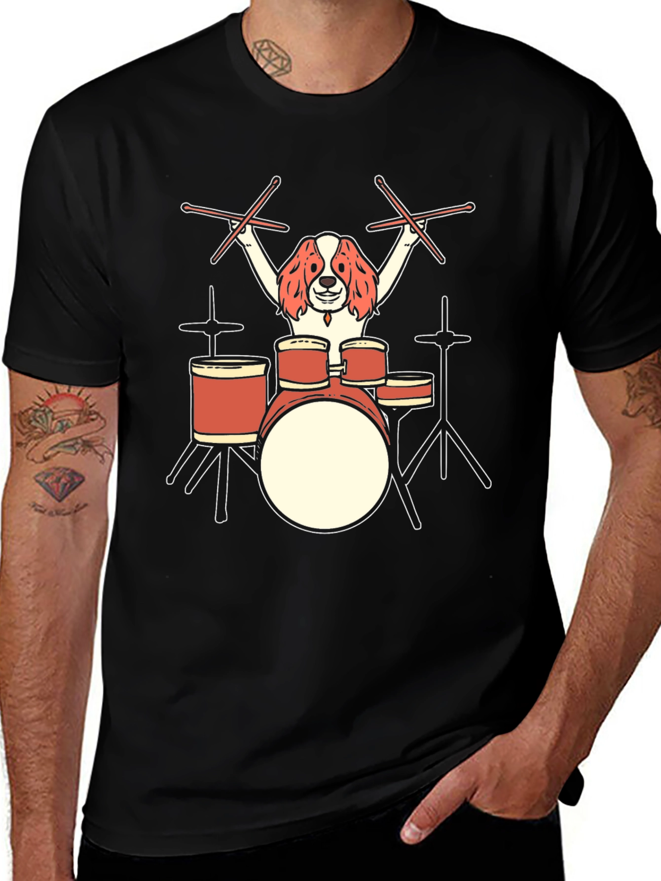 Variant 20 of Dog Drummer Graphic T-Shirt - Black Cotton Tee